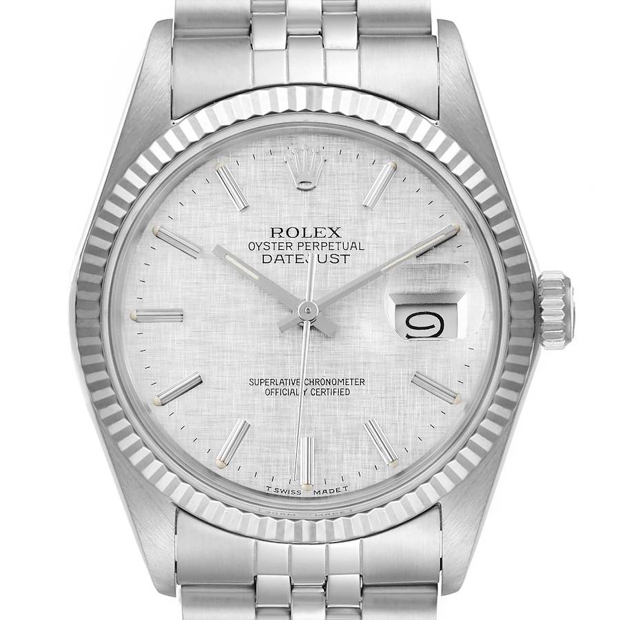 Rolex Datejust Steel White Gold Silver Linen Dial Vintage Watch 16014 SwissWatchExpo