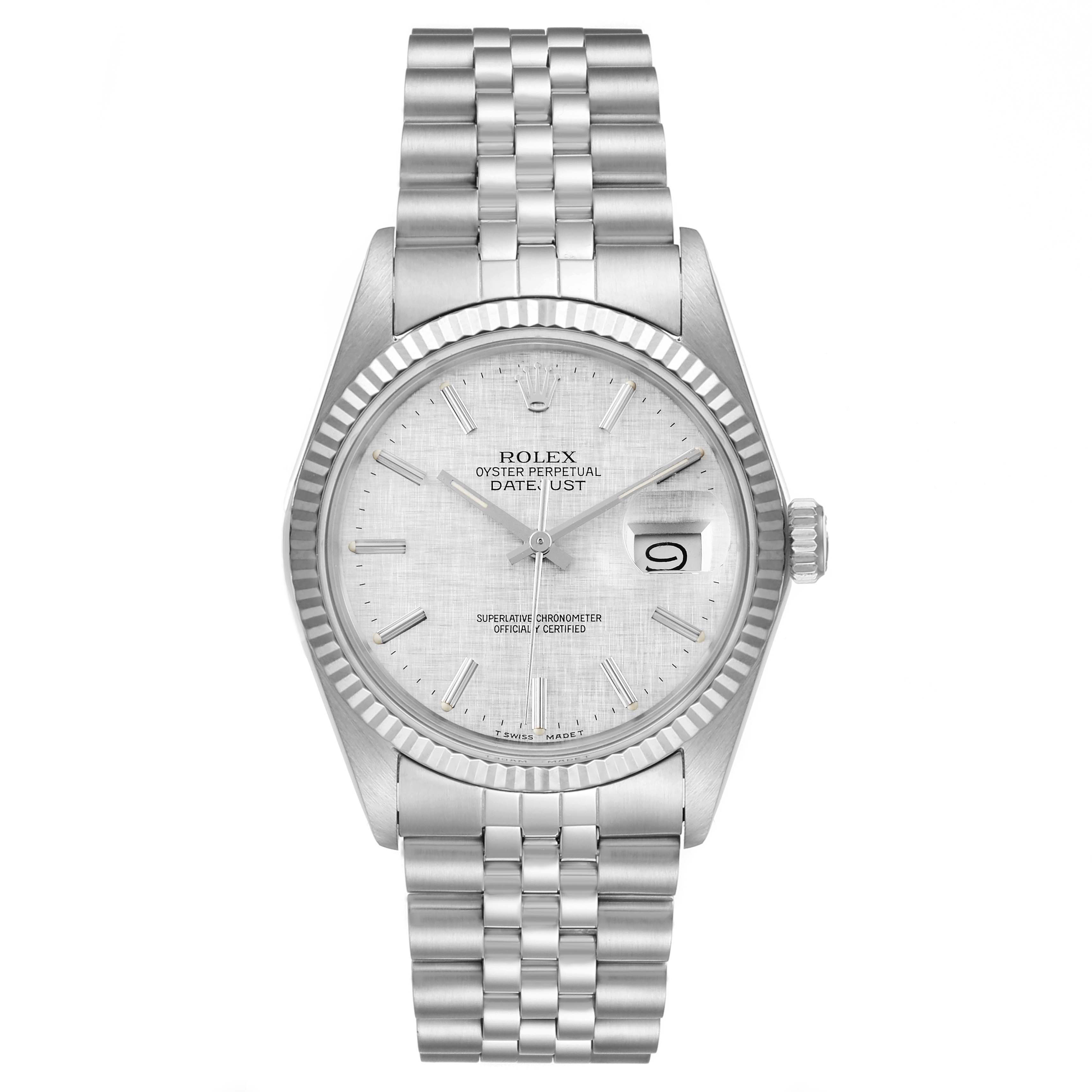 The image shows a front view of the Rolex Vintage Collection 16014 Men's Stainless Steel Silver Dial 16014 Men's Stainless Steel Silver Dial Datejust watch, highlighting its silver dial, date window, and bracelet.