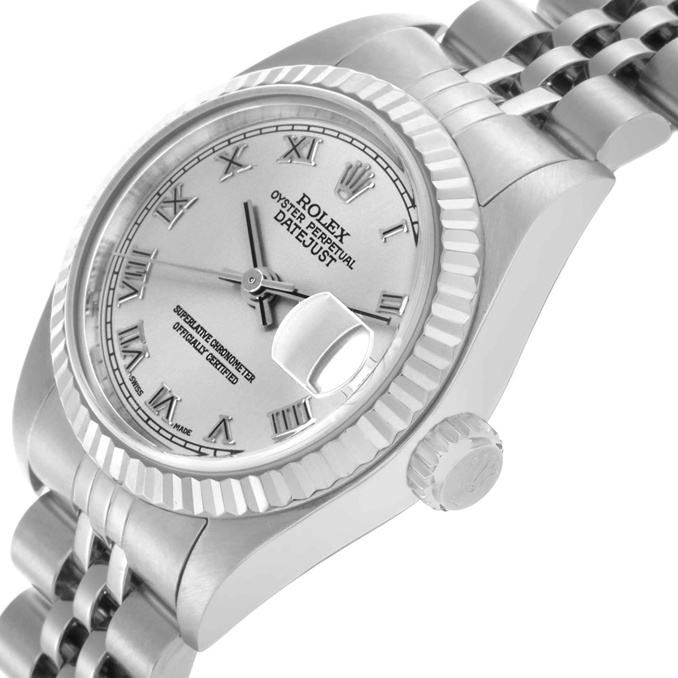 The Rolex Datejust 79174 Women's Stainless Steel Silver Dial 79174 Women's Stainless Steel Silver Dial watch is shown at an angled side view, highlighting the face, bezel, crown, and part of the bracelet.