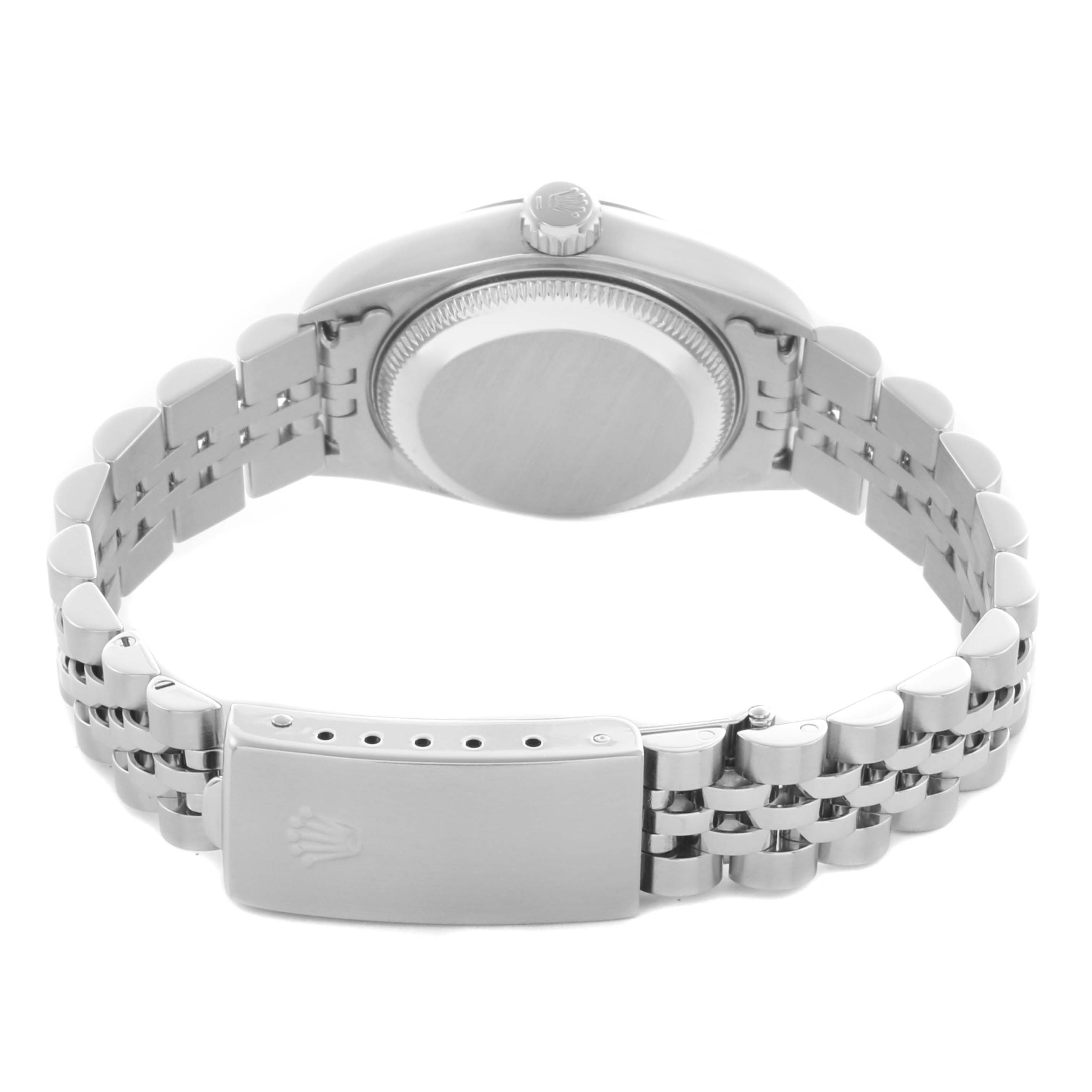 The Rolex Datejust 79174 Women's Stainless Steel Silver Dial 79174 Women's Stainless Steel Silver Dial watch is shown from the back, highlighting the bracelet and case back.