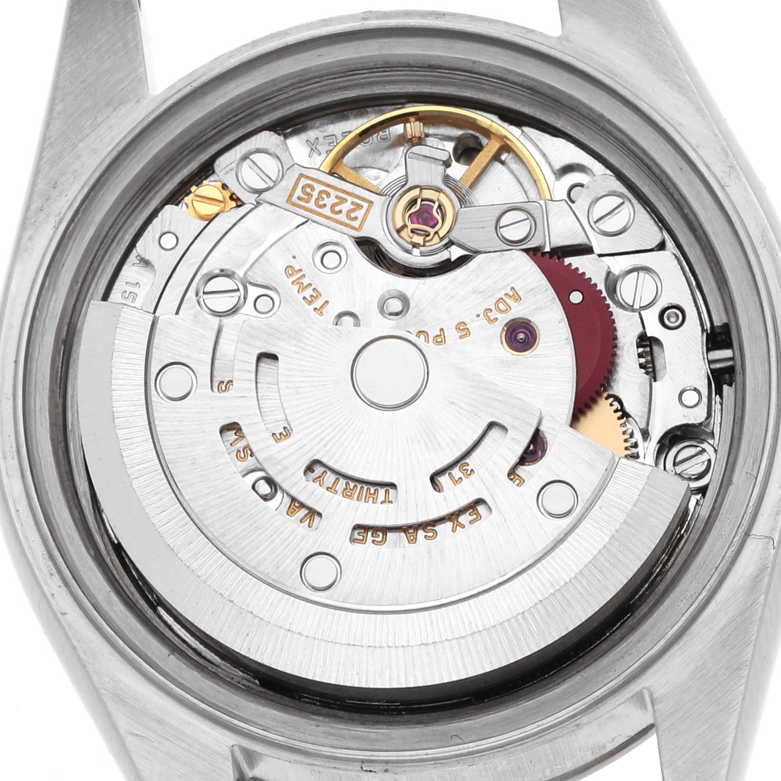 The image shows the movement mechanism of a Rolex Datejust 79174 Women's Stainless Steel Silver Dial 79174 Women's Stainless Steel Silver Dial watch viewed from the back, highlighting the rotor and gears.