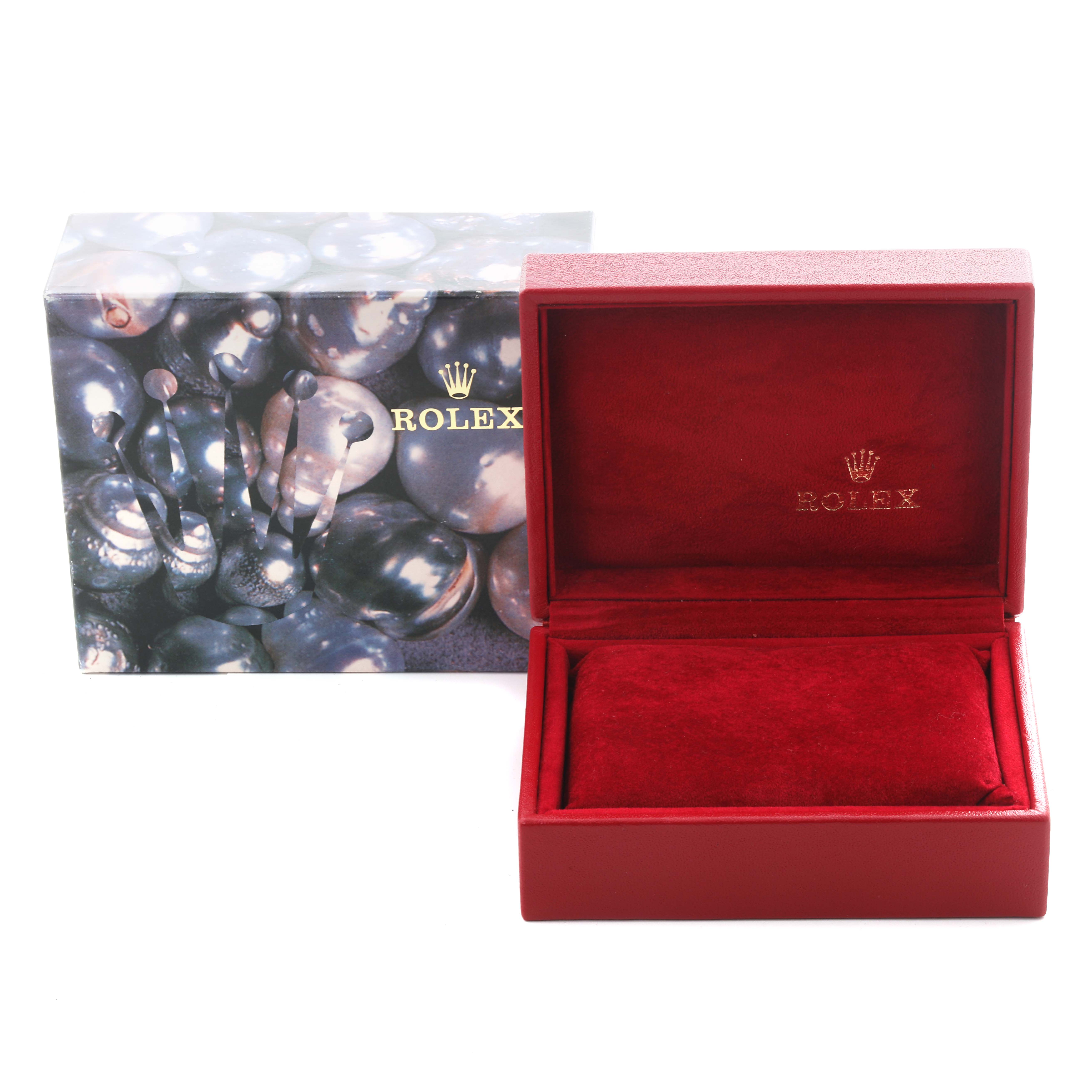 The image shows a red velvet-lined Rolex Datejust 79174 Women's Stainless Steel Silver Dial 79174 Women's Stainless Steel Silver Dial watch box next to a decorative outer box.