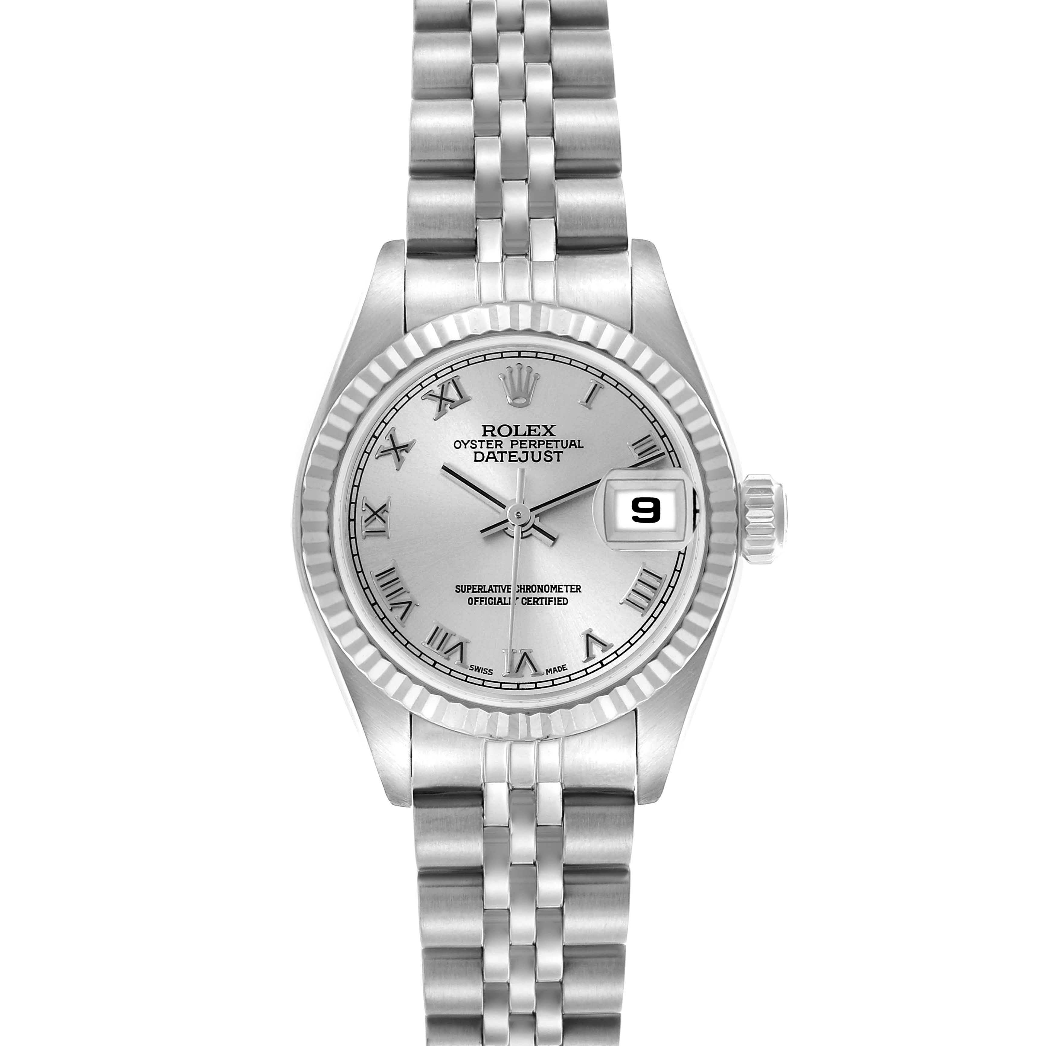 The Rolex Datejust 79174 Women's Stainless Steel Silver Dial 79174 Women's Stainless Steel Silver Dial watch is shown from a front angle, displaying the dial, hands, date window, and Jubilee bracelet.
