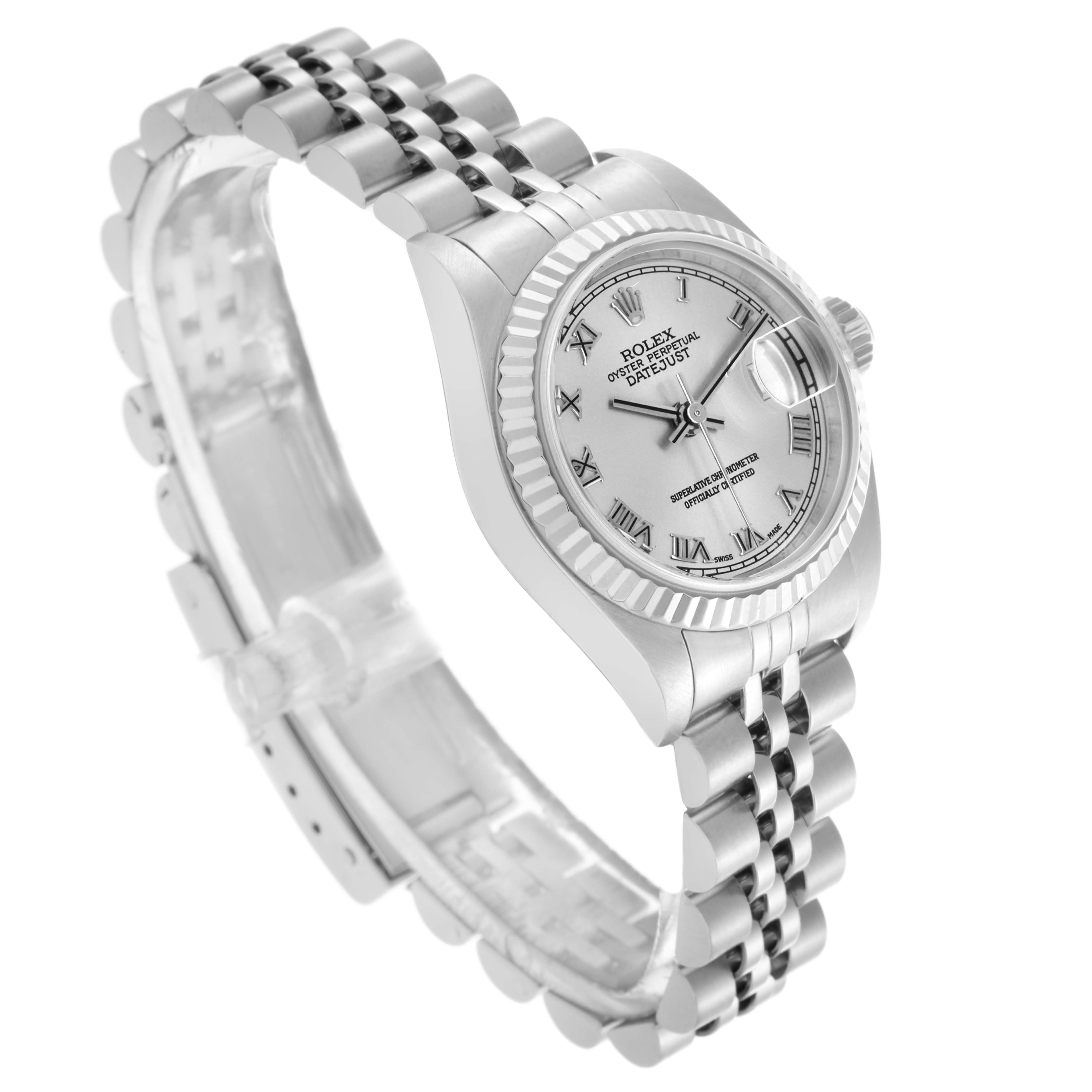 The Rolex Datejust 79174 Women's Stainless Steel Silver Dial 79174 Women's Stainless Steel Silver Dial watch is shown at a side angle, highlighting the case, bracelet, and dial with Roman numerals.