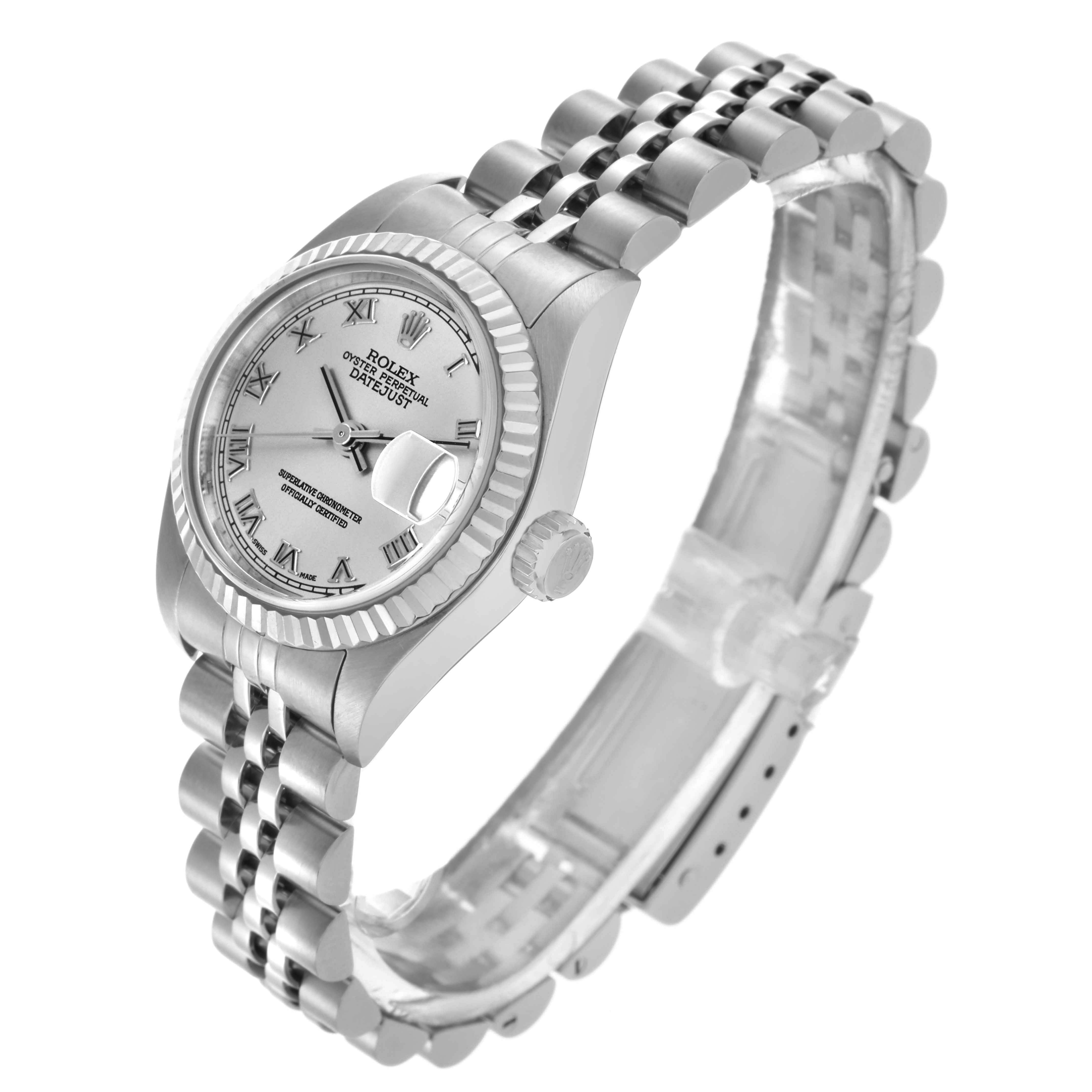 The Rolex Datejust 79174 Women's Stainless Steel Silver Dial 79174 Women's Stainless Steel Silver Dial watch is shown at a three-quarter angle, displaying the face, bezel, crown, and bracelet.