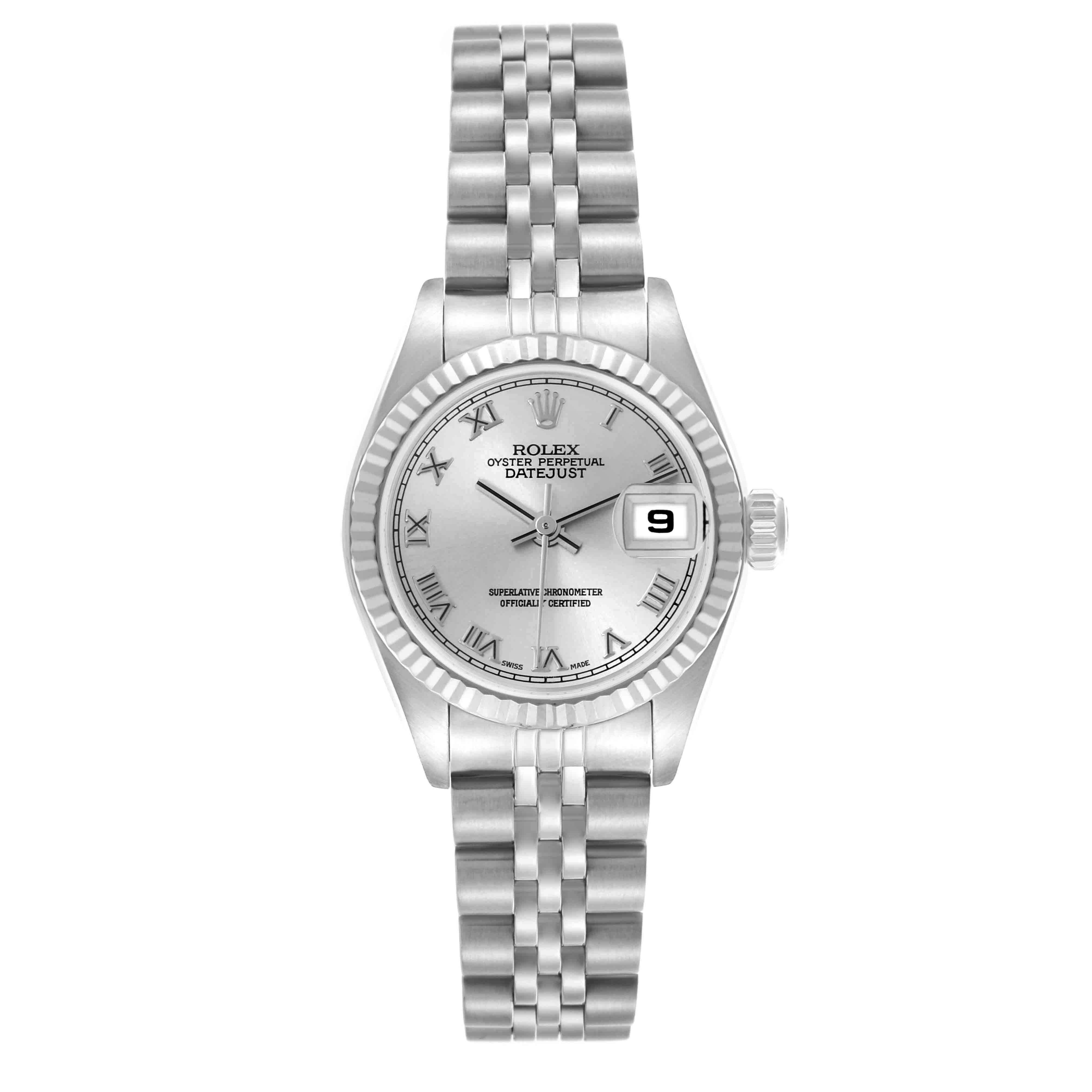 The Rolex Datejust 79174 Women's Stainless Steel Silver Dial 79174 Women's Stainless Steel Silver Dial watch is shown from a front view, highlighting the dial, bezel, crown, and bracelet.