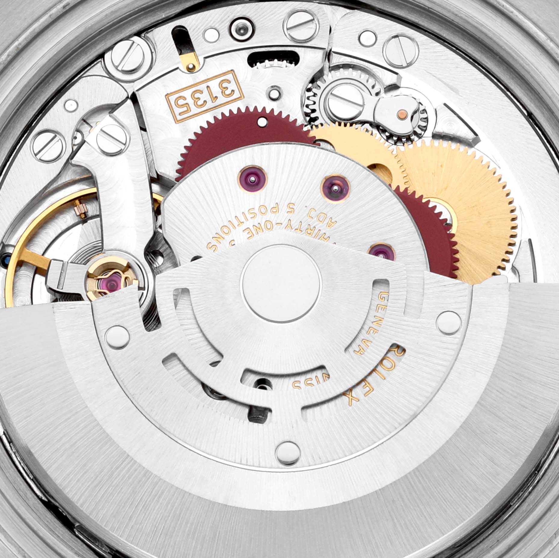 The image shows the internal mechanism of a Rolex Datejust 116233 Men's Steel and Gold (two tone) Blue Dial 116233 Men's Steel and Gold (two tone) Blue Dial watch from a top-down angle, highlighting the gears and rotor.