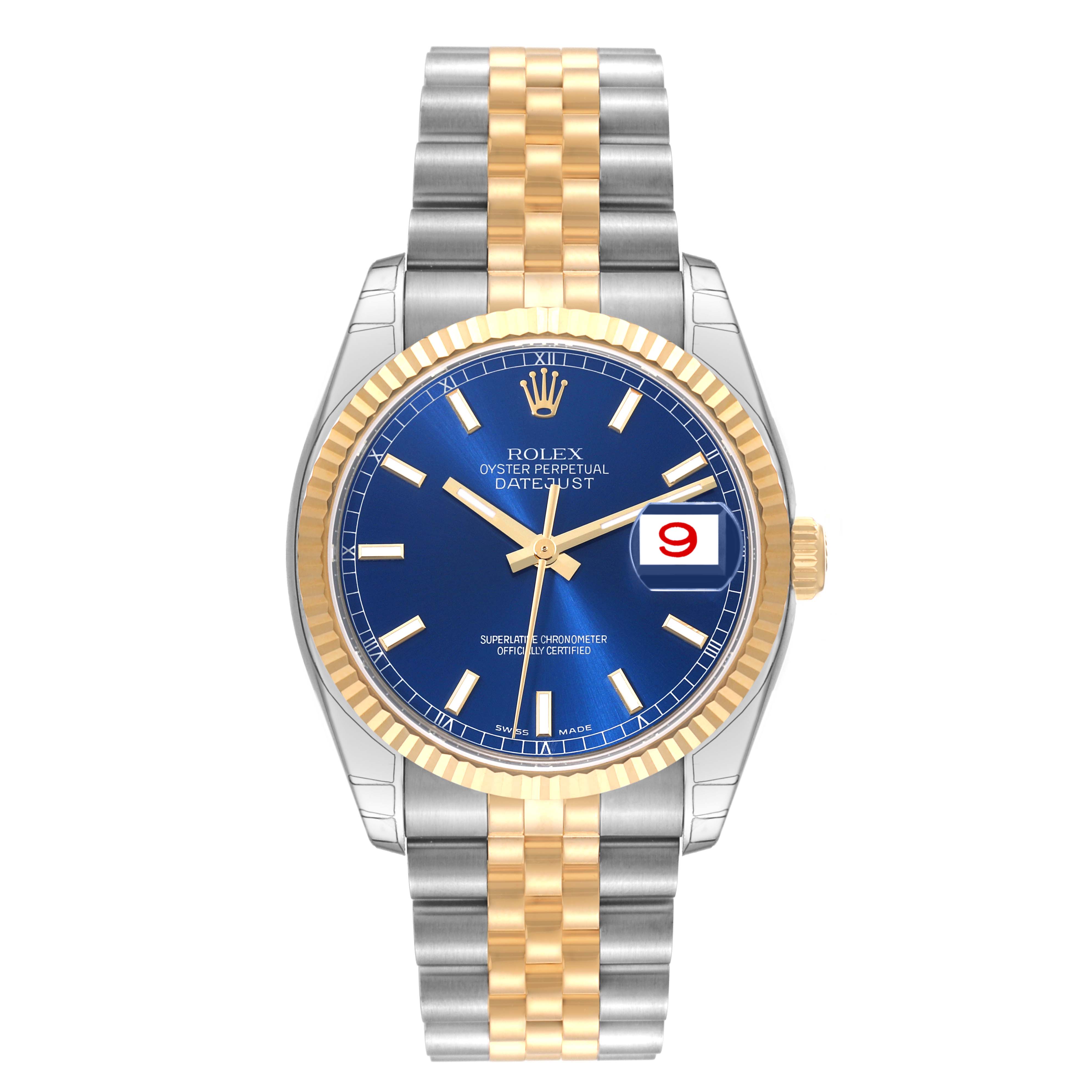 The Rolex Datejust 116233 Men's Steel and Gold (two tone) Blue Dial 116233 Men's Steel and Gold (two tone) Blue Dial watch is shown from a front angle, displaying its blue dial, gold fluted bezel, and two-tone bracelet.