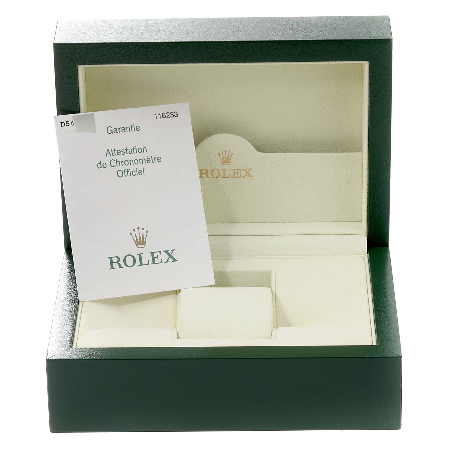 The image shows an open Rolex Datejust 116233 Men's Steel and Gold (two tone) Blue Dial 116233 Men's Steel and Gold (two tone) Blue Dial watch box and an official warranty card, viewed from the front.