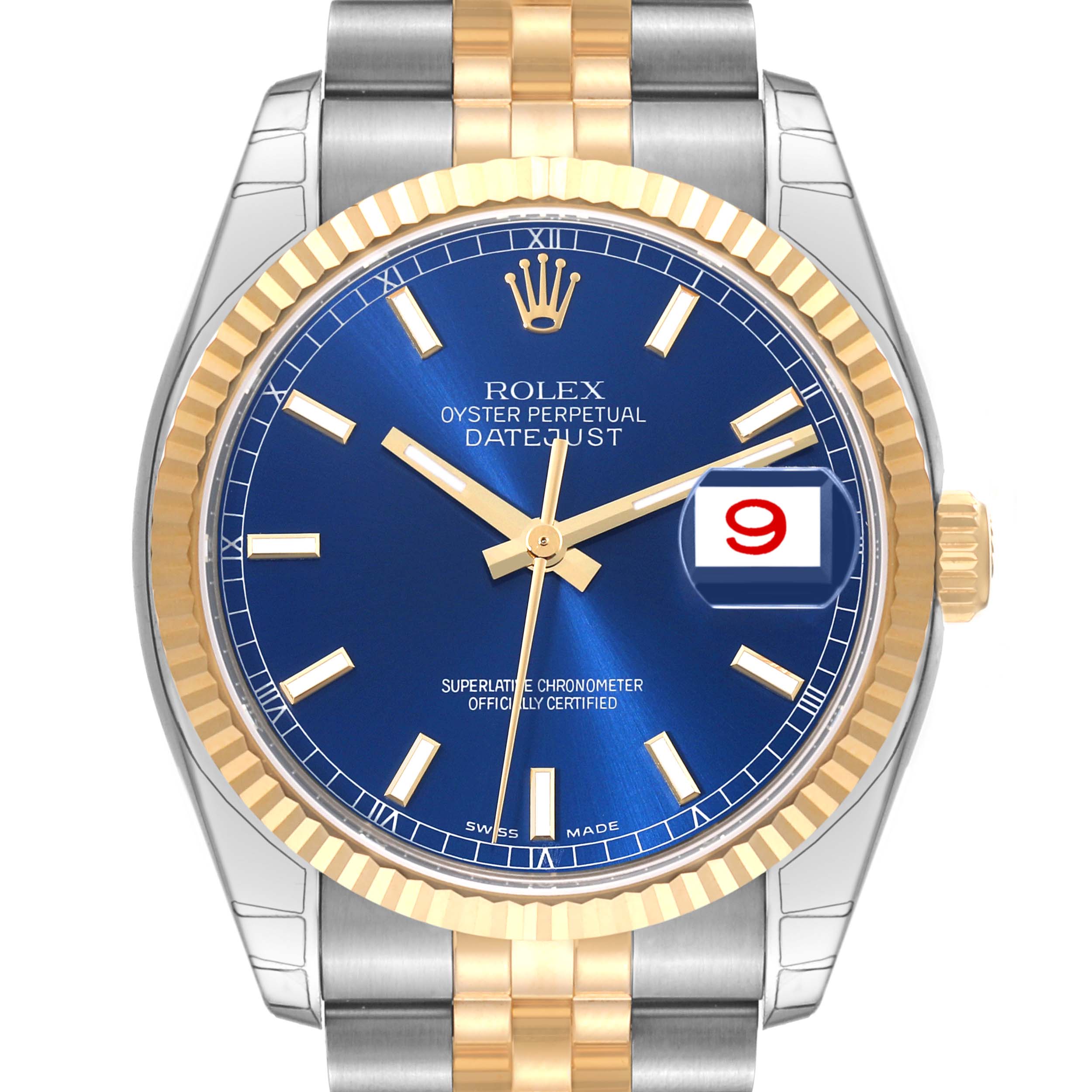 Front view of a Rolex Datejust 116233 Men's Steel and Gold (two tone) Blue Dial 116233 Men's Steel and Gold (two tone) Blue Dial showing the dial, hands, bezel, case, and part of the bracelet.