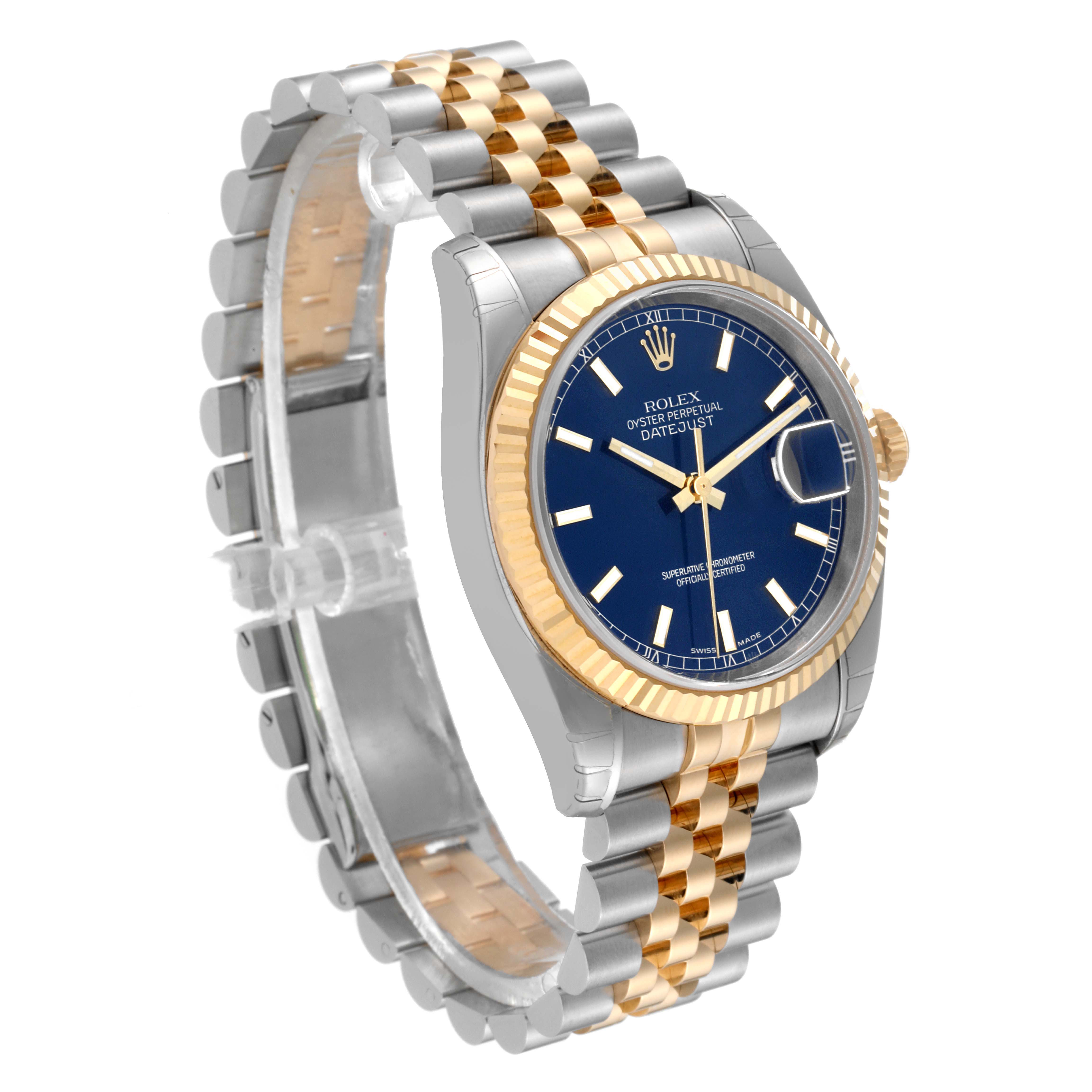 The Rolex Datejust 116233 Men's Steel and Gold (two tone) Blue Dial 116233 Men's Steel and Gold (two tone) Blue Dial watch is shown at a three-quarter angle displaying the face, bezel, case, and bracelet clearly.