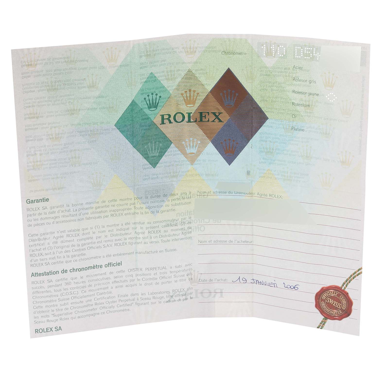 The image shows an official guarantee and certificate document for the Rolex Datejust 116233 Men's Steel and Gold (two tone) Blue Dial 116233 Men's Steel and Gold (two tone) Blue Dial model.