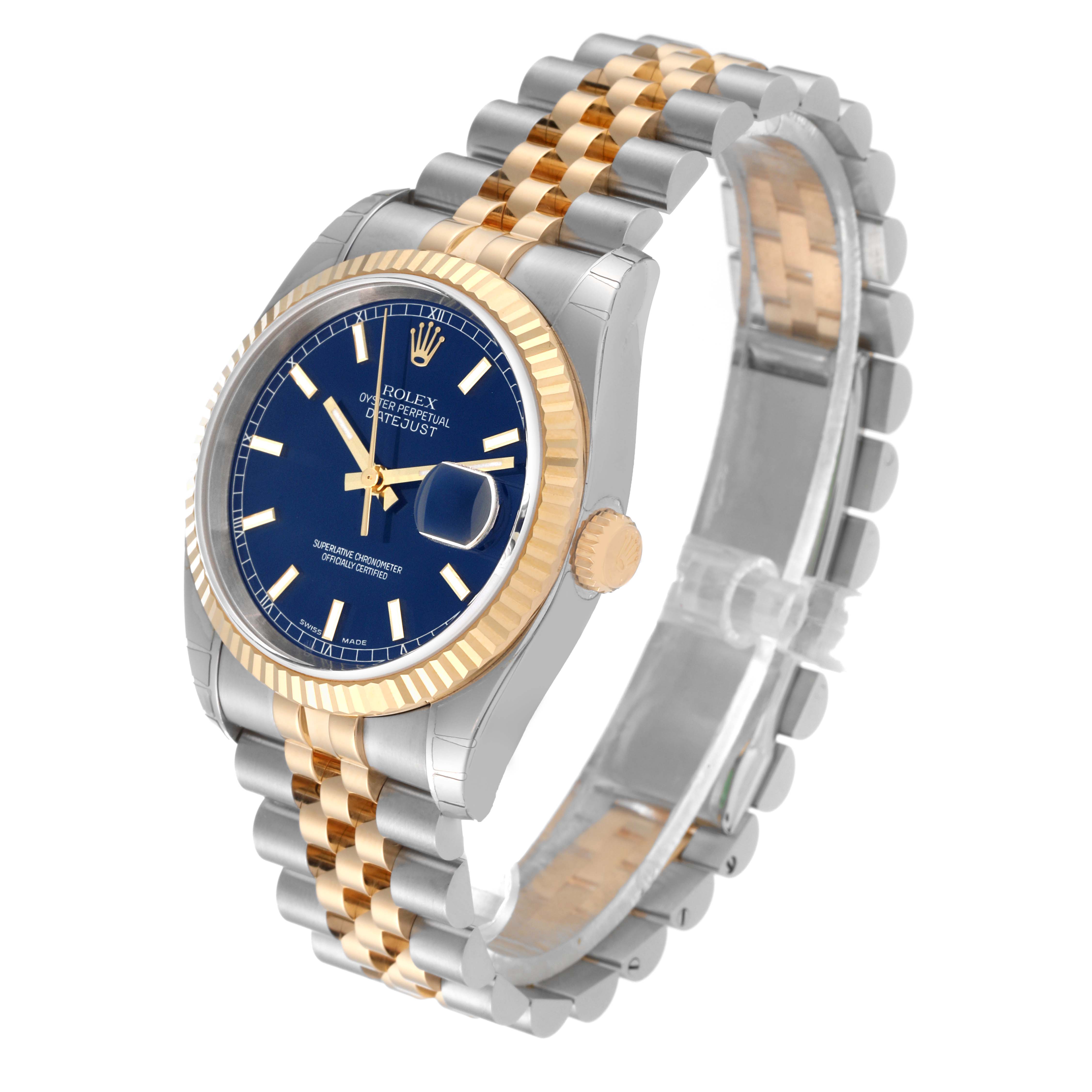 The Rolex Datejust 116233 Men's Steel and Gold (two tone) Blue Dial 116233 Men's Steel and Gold (two tone) Blue Dial watch is shown at an angled view, displaying the face, crown, bezel, and two-tone bracelet.