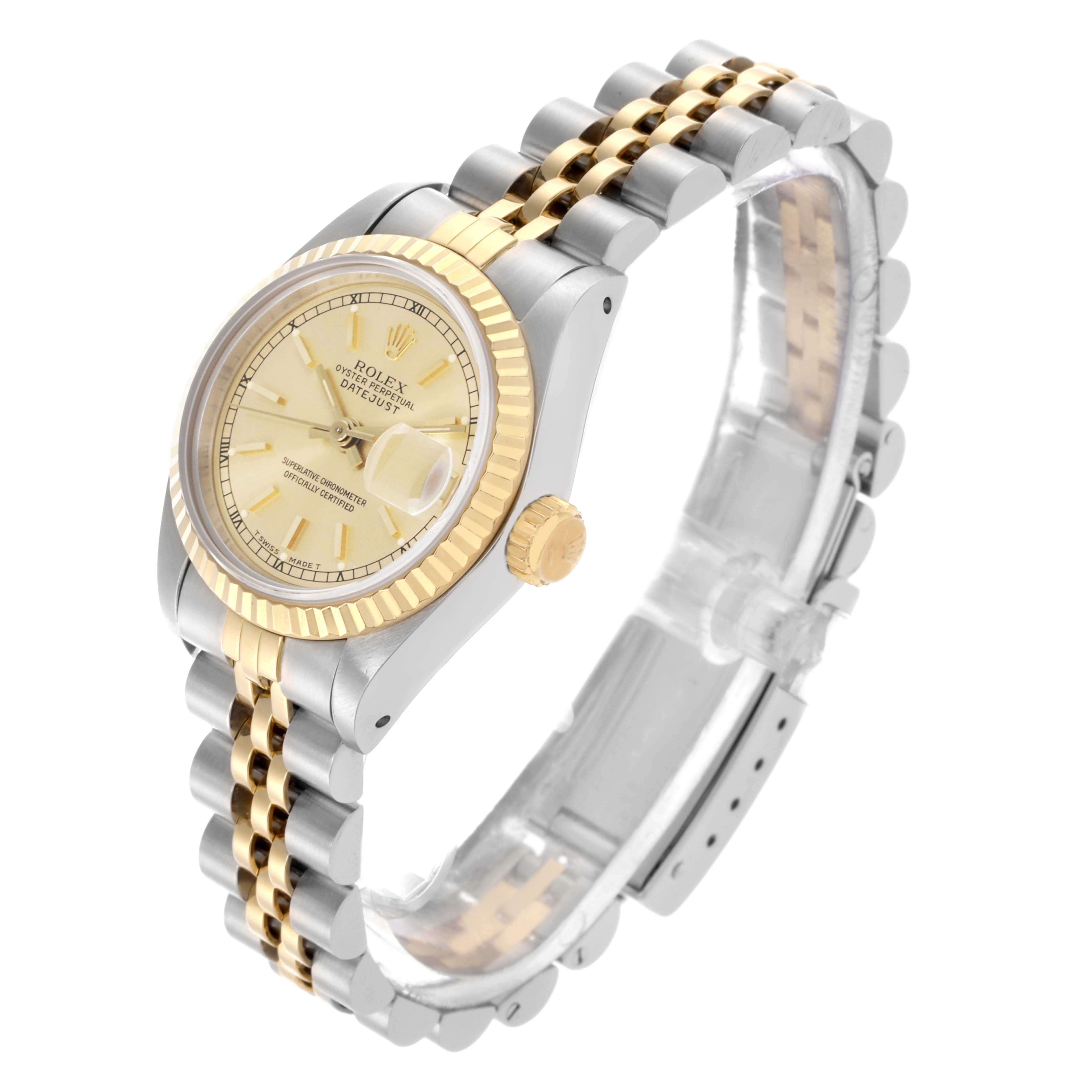 The Rolex Datejust 69173 Women's Steel and Gold (two tone) Champagne Dial 69173 Women's Steel and Gold (two tone) Champagne Dial watch is shown from an angled side view, displaying the dial, bezel, crown, and two-tone bracelet.