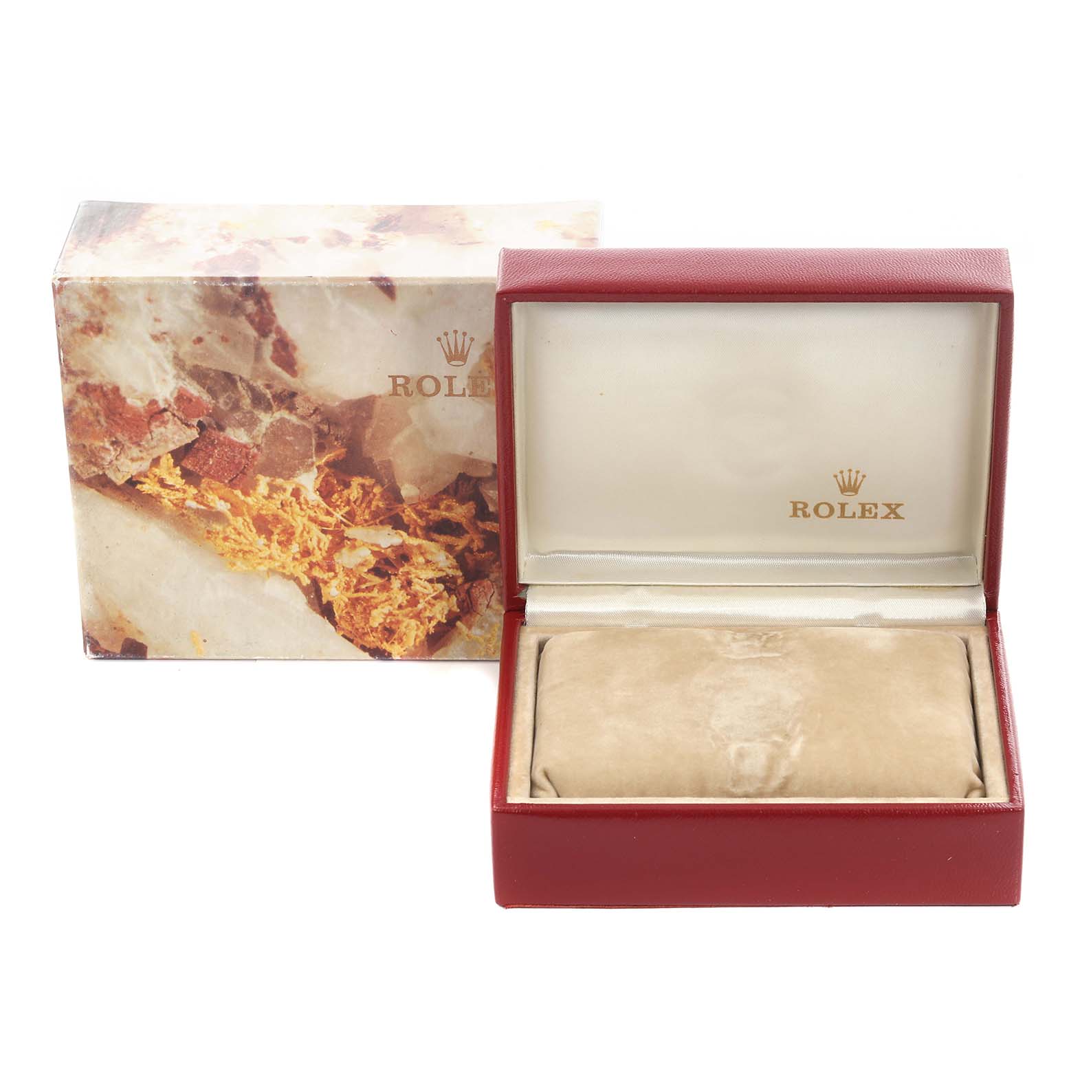 The image shows a red Rolex watch box and outer packaging, but the Datejust watch is not visible.