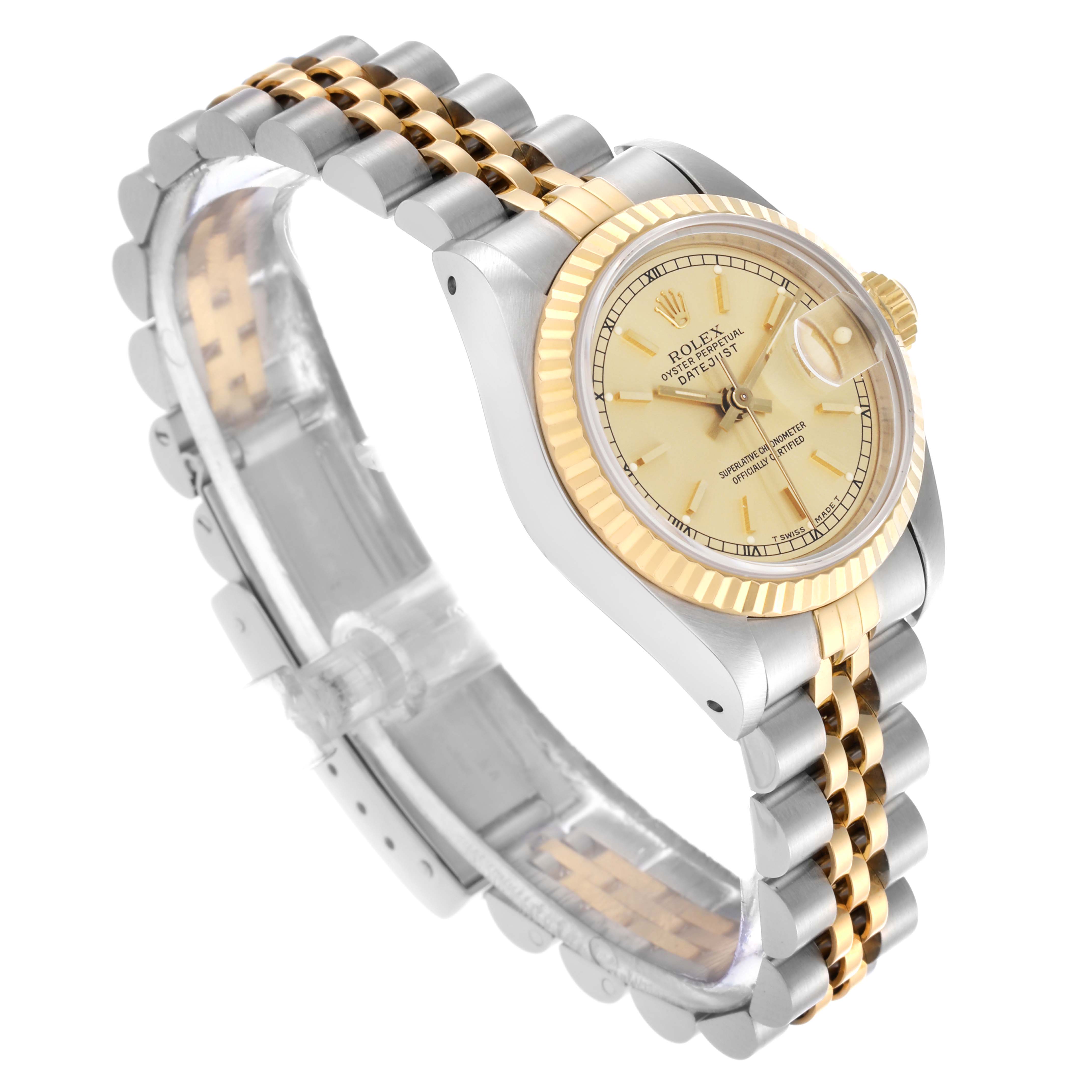 The Rolex Datejust 69173 Women's Steel and Gold (two tone) Champagne Dial 69173 Women's Steel and Gold (two tone) Champagne Dial watch is shown at an angled side view, highlighting its dial, bezel, and two-tone bracelet.