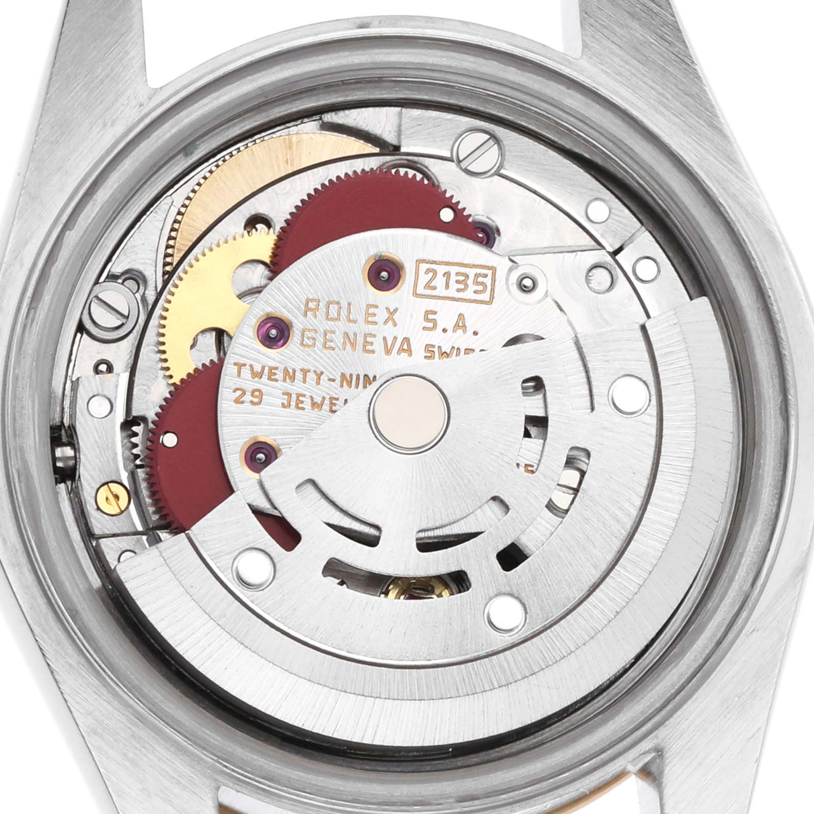 The image shows the back of a Rolex Datejust 69173 Women's Steel and Gold (two tone) Champagne Dial 69173 Women's Steel and Gold (two tone) Champagne Dial watch, highlighting its mechanical movement parts.