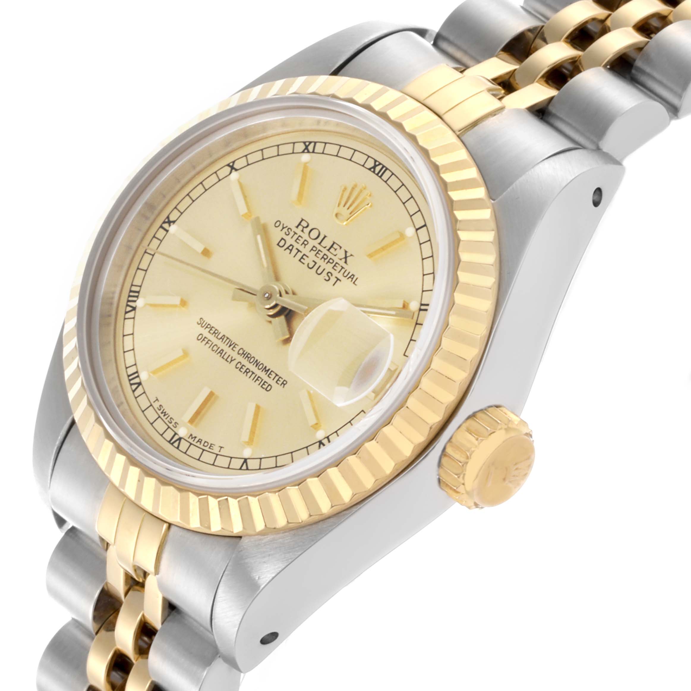 The Rolex Datejust 69173 Women's Steel and Gold (two tone) Champagne Dial 69173 Women's Steel and Gold (two tone) Champagne Dial is shown from an angled side view, highlighting the dial, bezel, crown, and Jubilee bracelet.