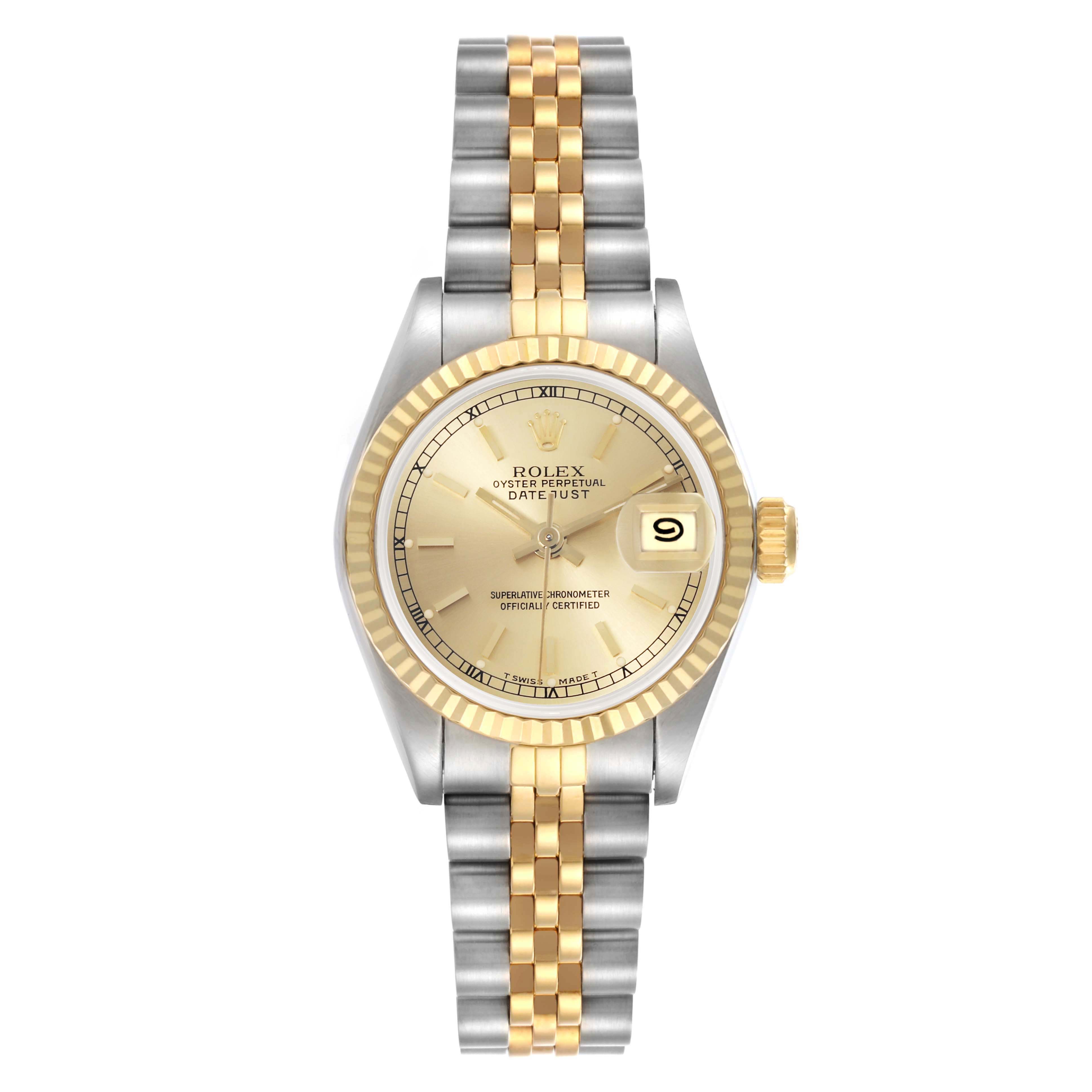 The Rolex Datejust 69173 Women's Steel and Gold (two tone) Champagne Dial 69173 Women's Steel and Gold (two tone) Champagne Dial watch is shown from a top-down angle, highlighting the dial, bezel, bracelet, and crown.