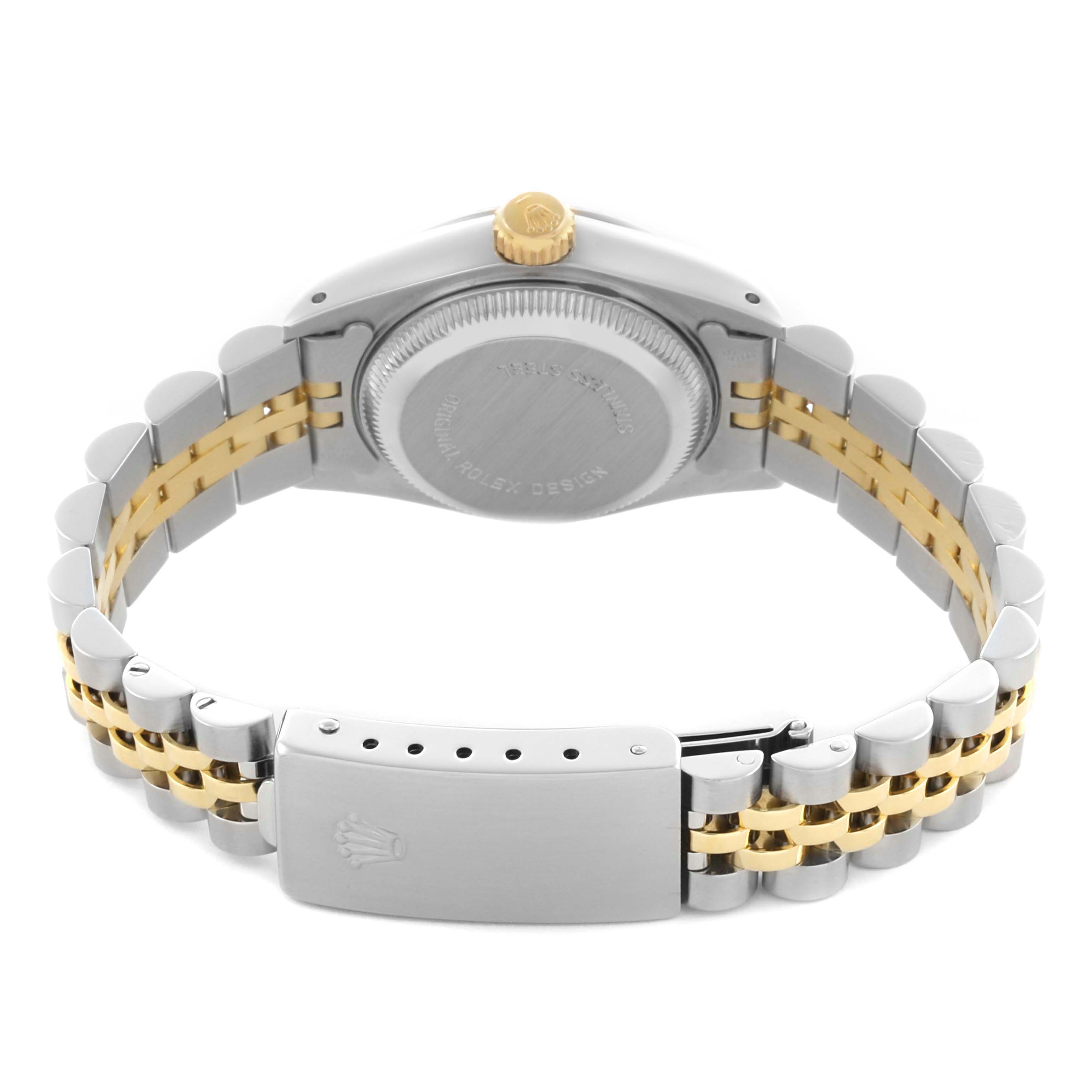 The image shows the back view of a Rolex Datejust 69173 Women's Steel and Gold (two tone) Champagne Dial 69173 Women's Steel and Gold (two tone) Champagne Dial watch, highlighting the case back, gold crown, clasp, and two-tone bracelet.