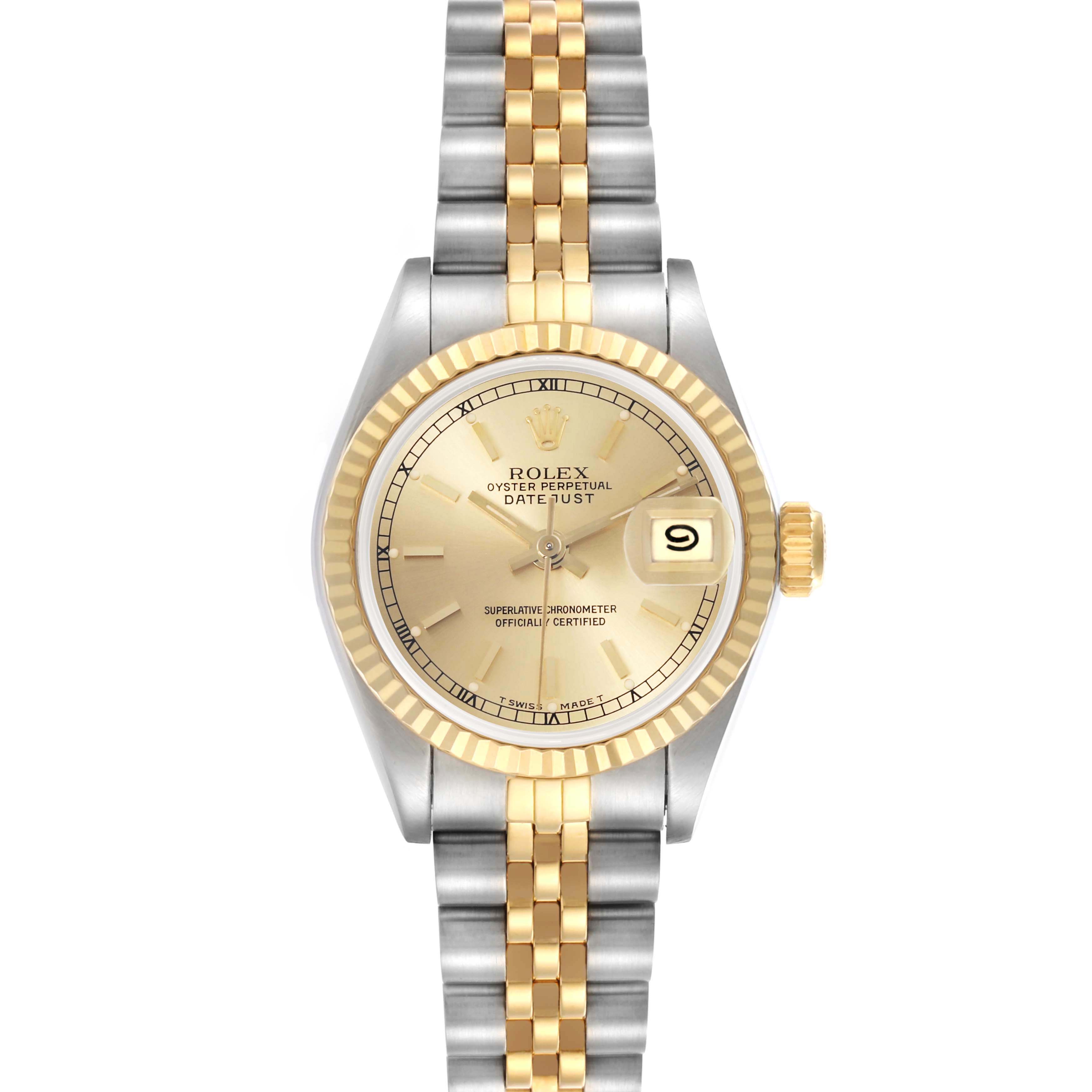 The Rolex Datejust 69173 Women's Steel and Gold (two tone) Champagne Dial 69173 Women's Steel and Gold (two tone) Champagne Dial watch is shown from a top-down angle, displaying its face, bezel, bracelet, hands, and date feature.