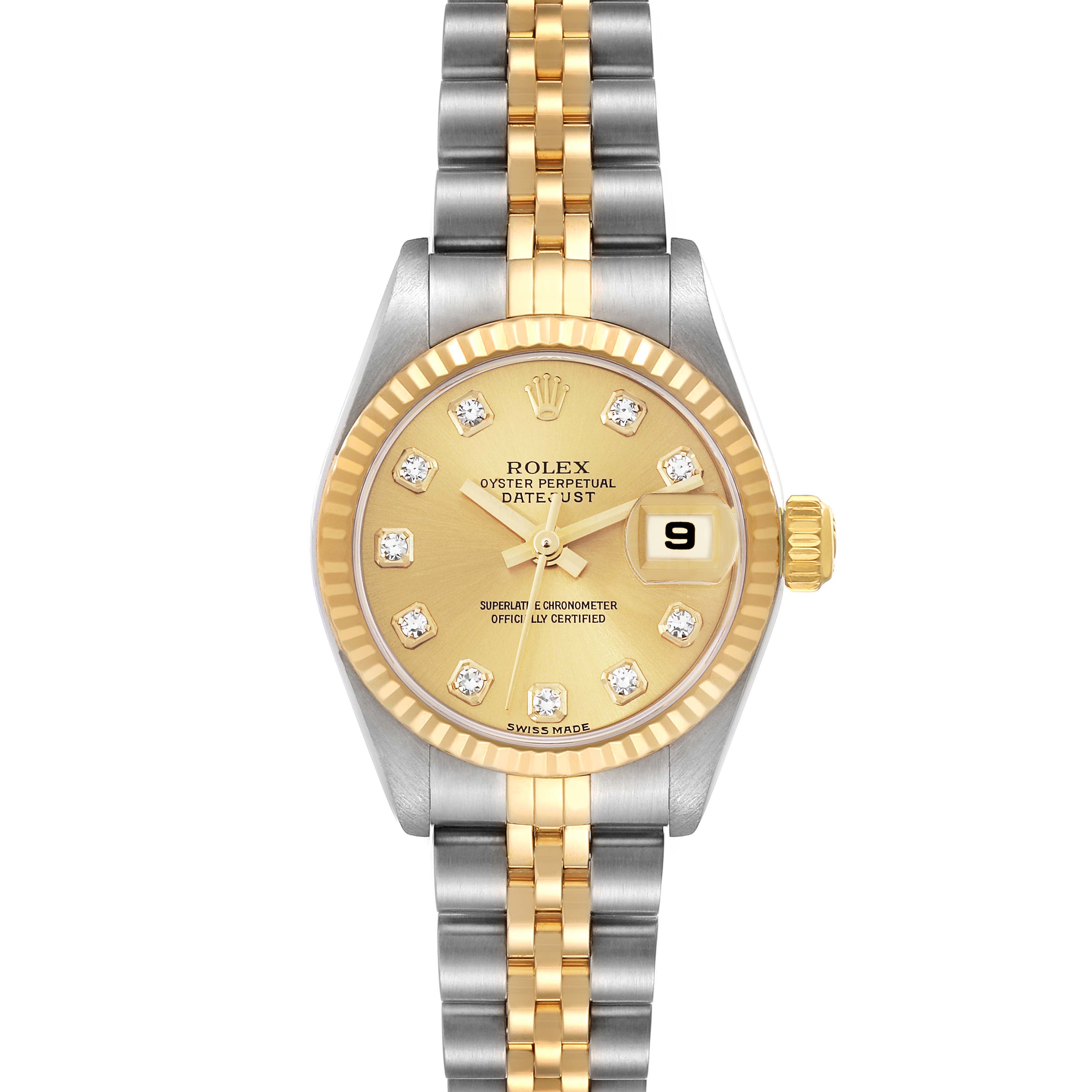 The image shows a Rolex Datejust 79173G Women's Steel and Gold (two tone) Champagne Dial 79173G Women's Steel and Gold (two tone) Champagne Dial watch from a front angle, highlighting its dial, bezel, crown, and two-tone bracelet.