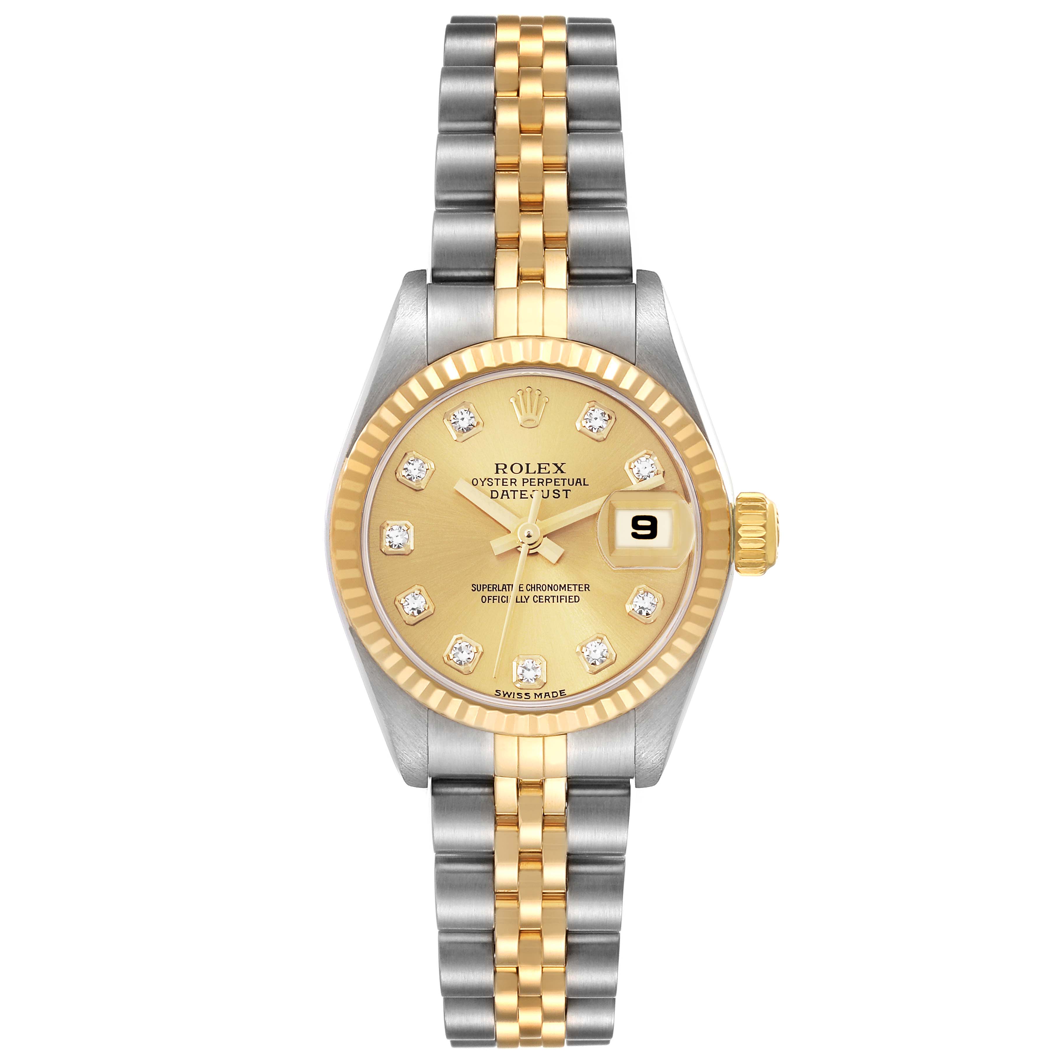 The image shows the Rolex Datejust 79173G Women's Steel and Gold (two tone) Champagne Dial 79173G Women's Steel and Gold (two tone) Champagne Dial watch from a top-down angle, displaying its face, bezel, and bracelet.