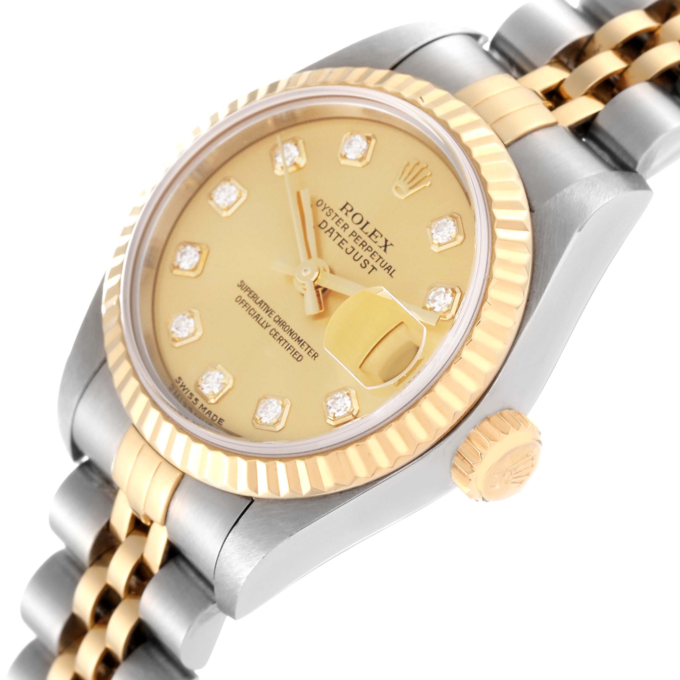 The image shows a close-up angled view of a Rolex Datejust 79173G Women's Steel and Gold (two tone) Champagne Dial 79173G Women's Steel and Gold (two tone) Champagne Dial watch, highlighting the dial, bezel, and two-tone bracelet.