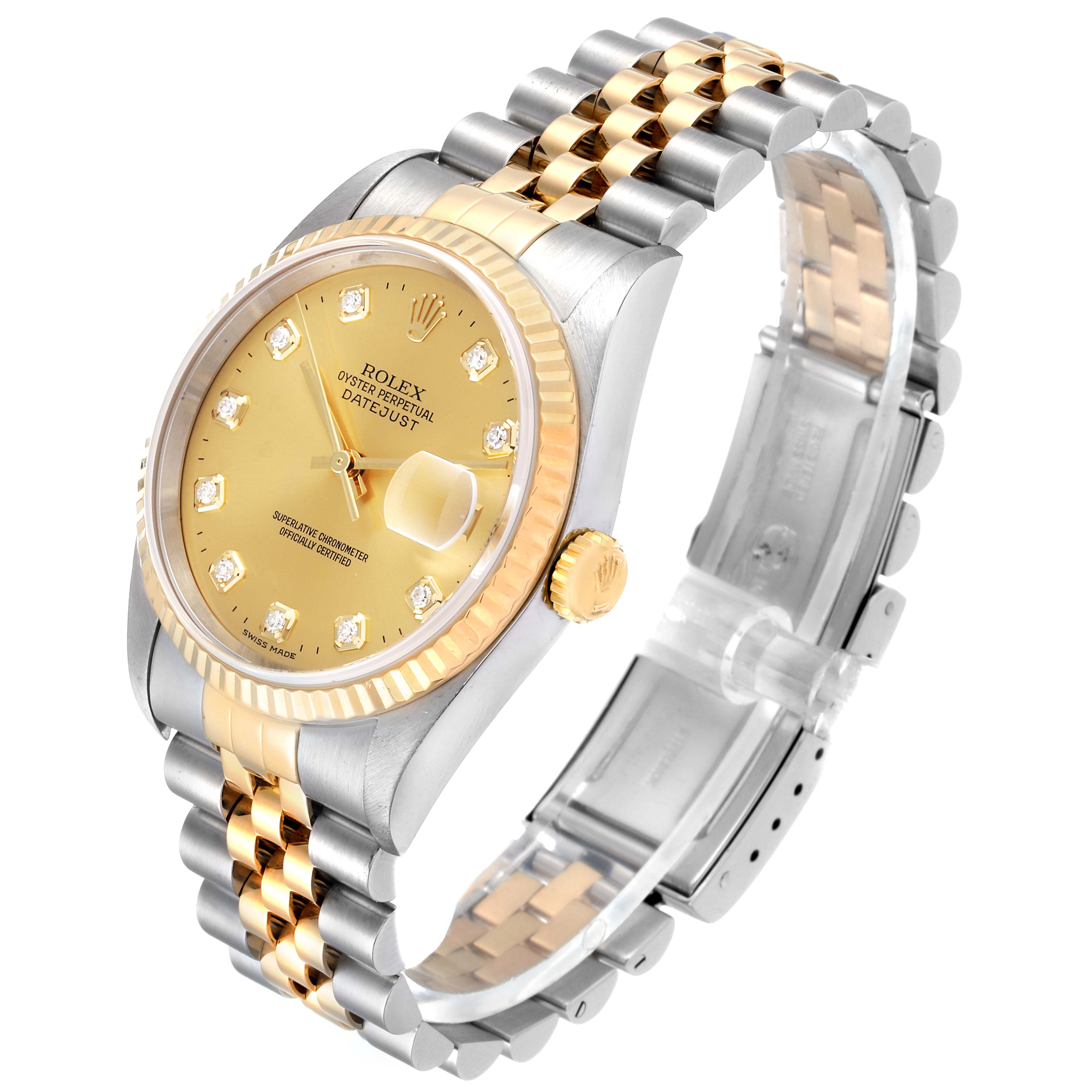 The image shows a Rolex Datejust 16233 Men's Steel and Gold (two tone) Champagne Dial 16233 Men's Steel and Gold (two tone) Champagne Dial watch at an angled perspective, highlighting its gold and silver bracelet and champagne dial.