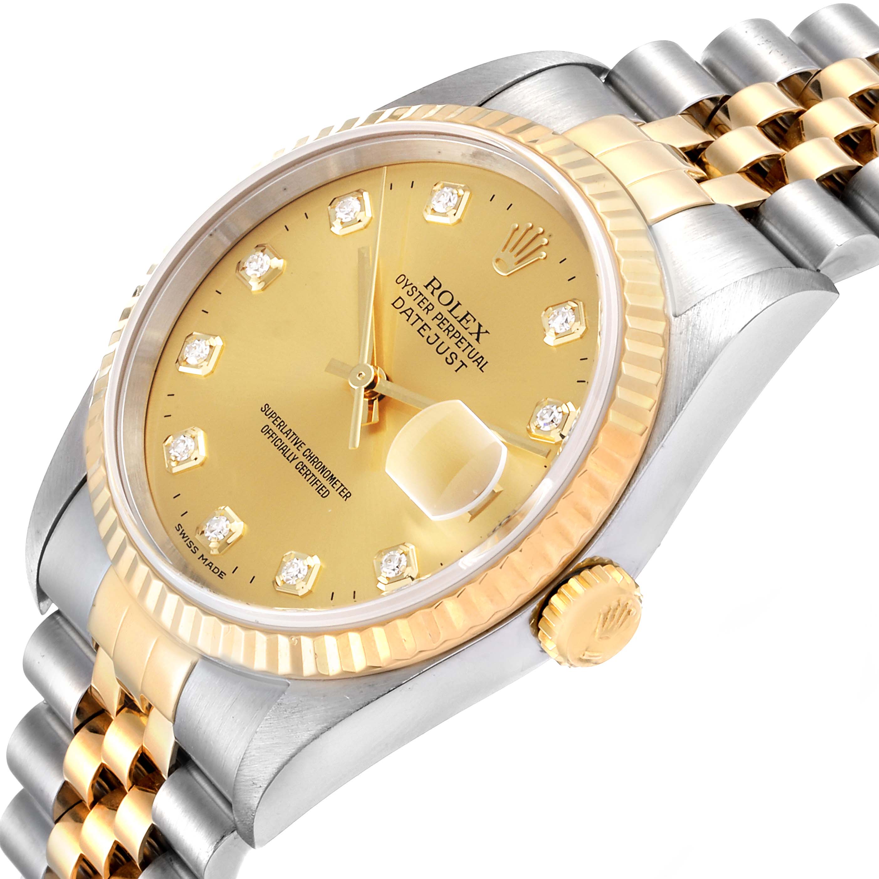 The image shows a Rolex Datejust 16233 Men's Steel and Gold (two tone) Champagne Dial 16233 Men's Steel and Gold (two tone) Champagne Dial watch at an angled view, highlighting its gold bezel, dial, crown, and two-tone bracelet.