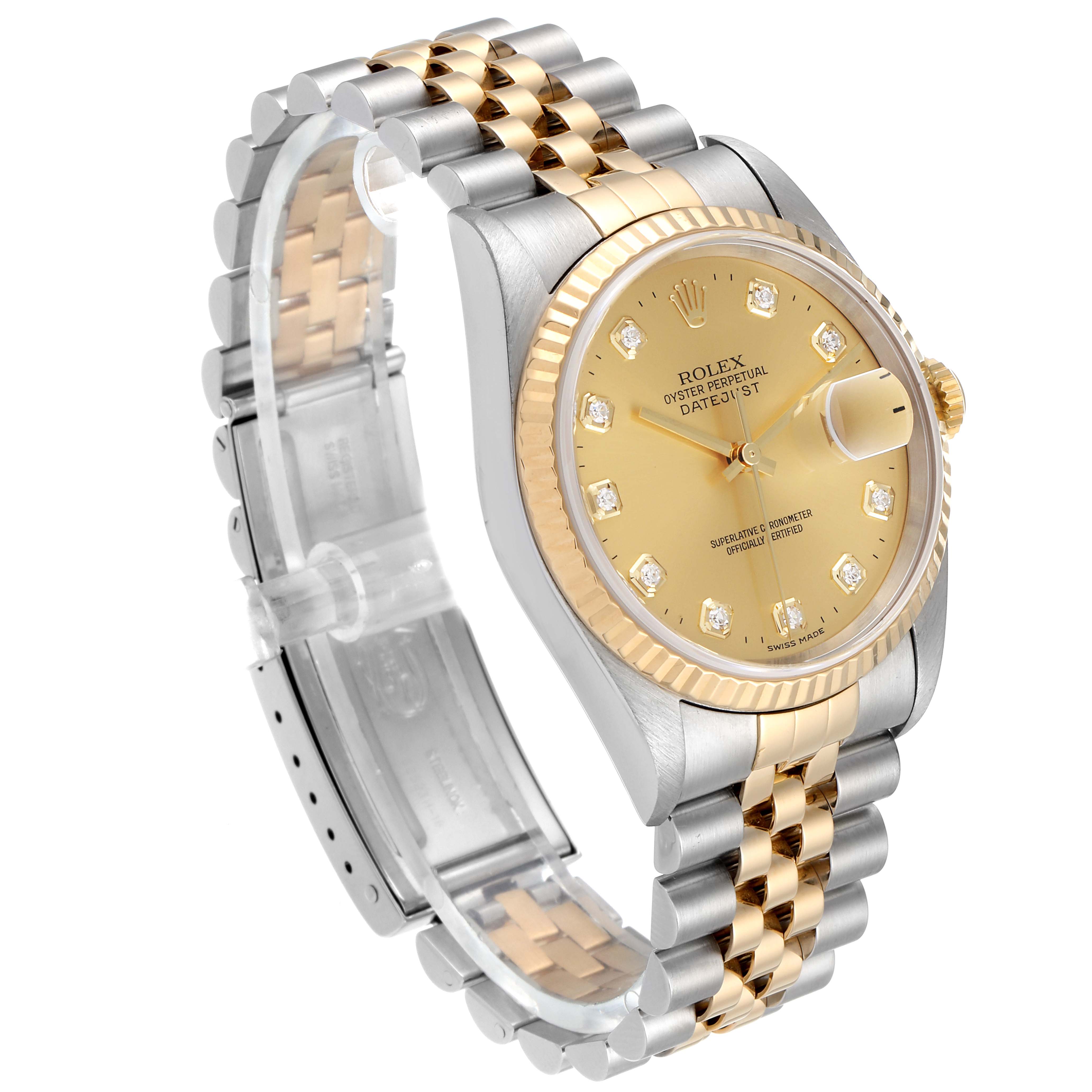 The image shows a Rolex Datejust 16233 Men's Steel and Gold (two tone) Champagne Dial 16233 Men's Steel and Gold (two tone) Champagne Dial watch at a slight angle, highlighting its two-tone bracelet, fluted bezel, and champagne dial with diamond markers.