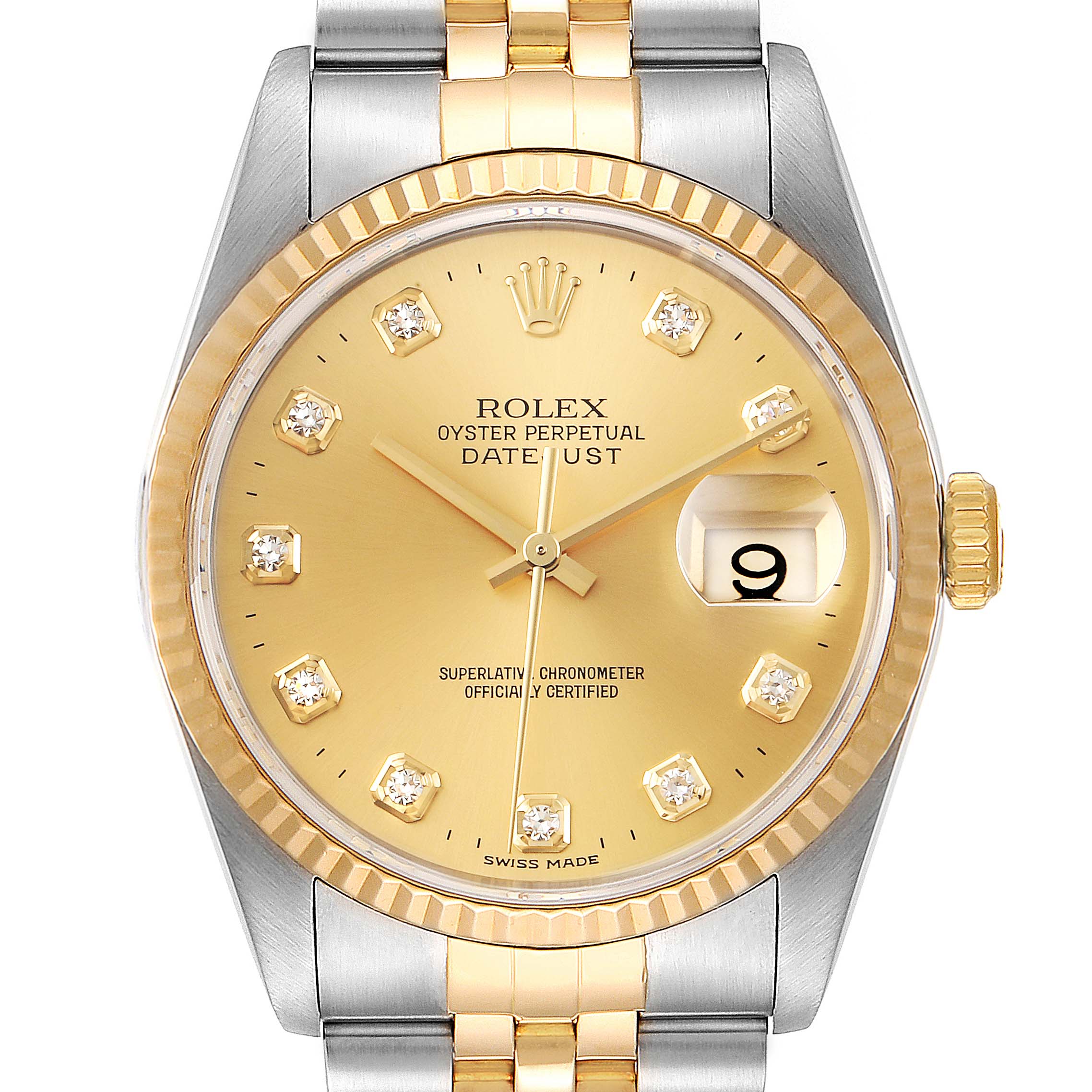 The image shows a front view of a Rolex Datejust 16233 Men's Steel and Gold (two tone) Champagne Dial 16233 Men's Steel and Gold (two tone) Champagne Dial watch, showcasing the dial, bezel, bracelet, and crown.