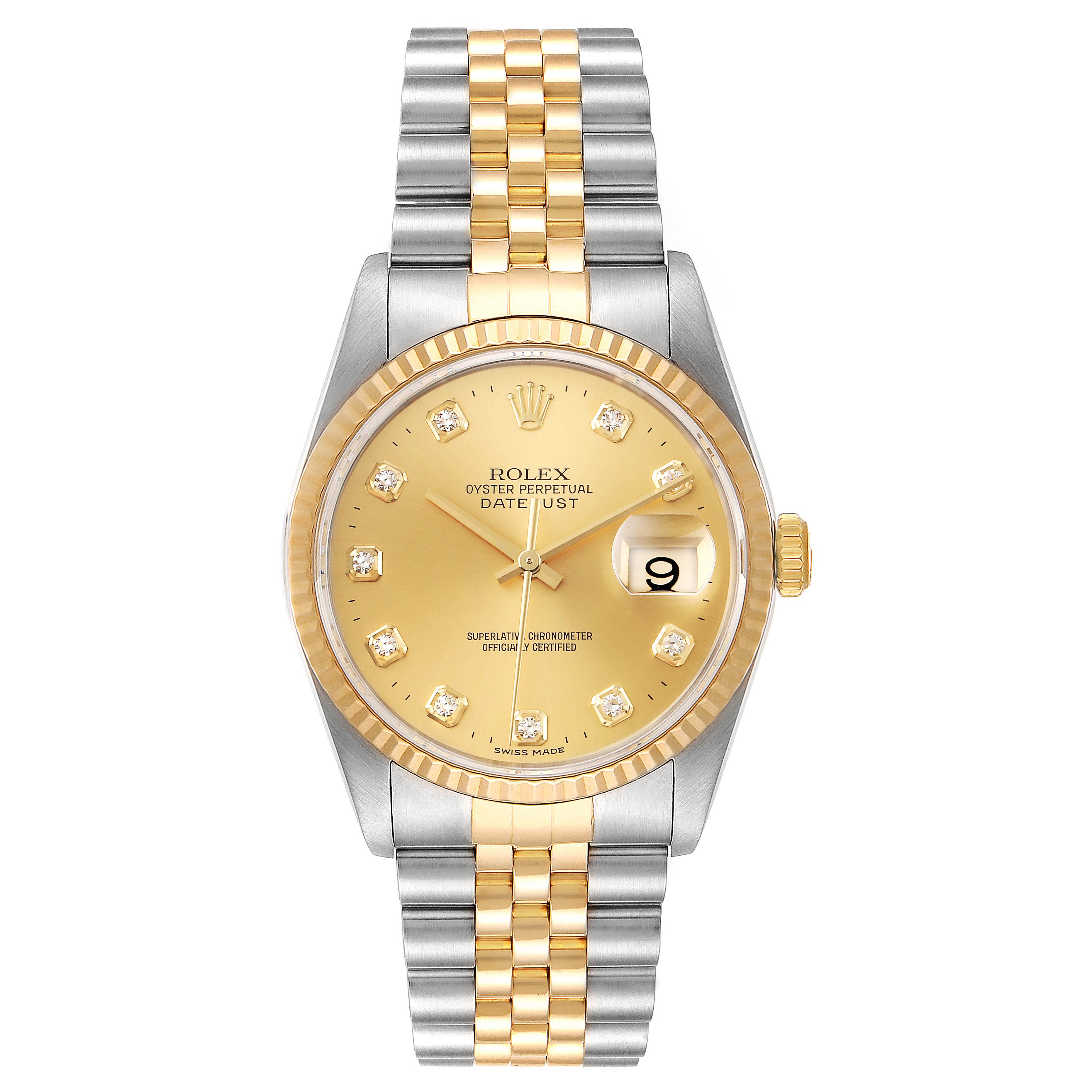 This image shows a frontal view of a Rolex Datejust 16233 Men's Steel and Gold (two tone) Champagne Dial 16233 Men's Steel and Gold (two tone) Champagne Dial watch with a two-tone bracelet and gold dial.