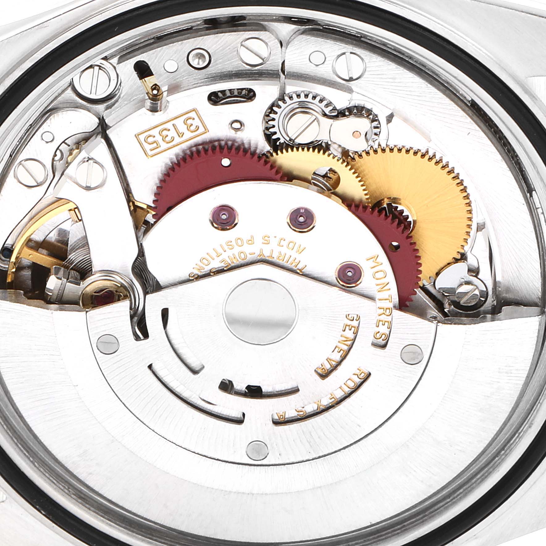 The image shows the intricate internal mechanics of the Rolex Datejust 16233 Men's Steel and Gold (two tone) Champagne Dial 16233 Men's Steel and Gold (two tone) Champagne Dial watch from a close-up, top-down angle.