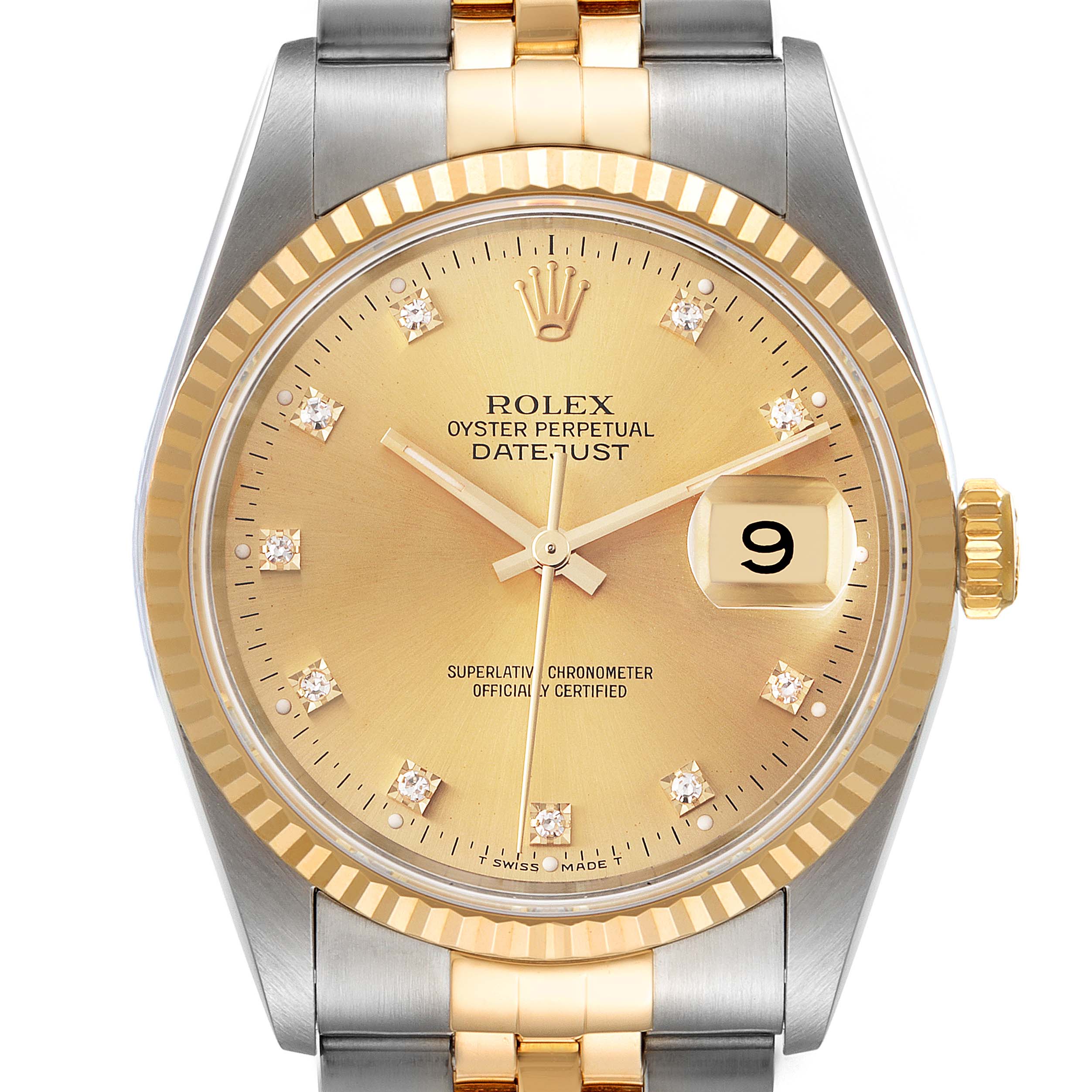 The image shows a front view of a Rolex Datejust 16233 Men's Steel and Gold (two tone) Champagne Dial 16233 Men's Steel and Gold (two tone) Champagne Dial watch, highlighting its dial, bezel, and part of its bracelet.
