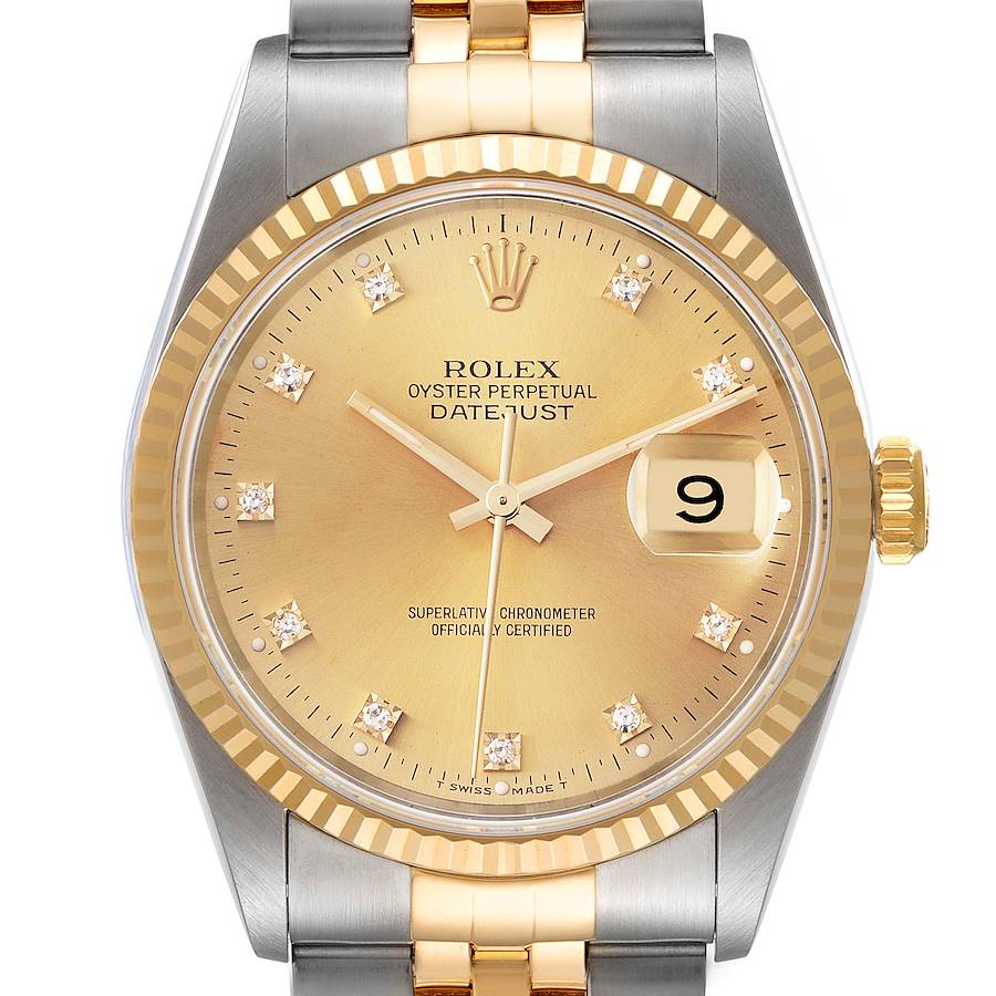 Rolex Datejust Steel Yellow Gold Diamond Dial Fluted Bezel Mens Watch 16233 SwissWatchExpo