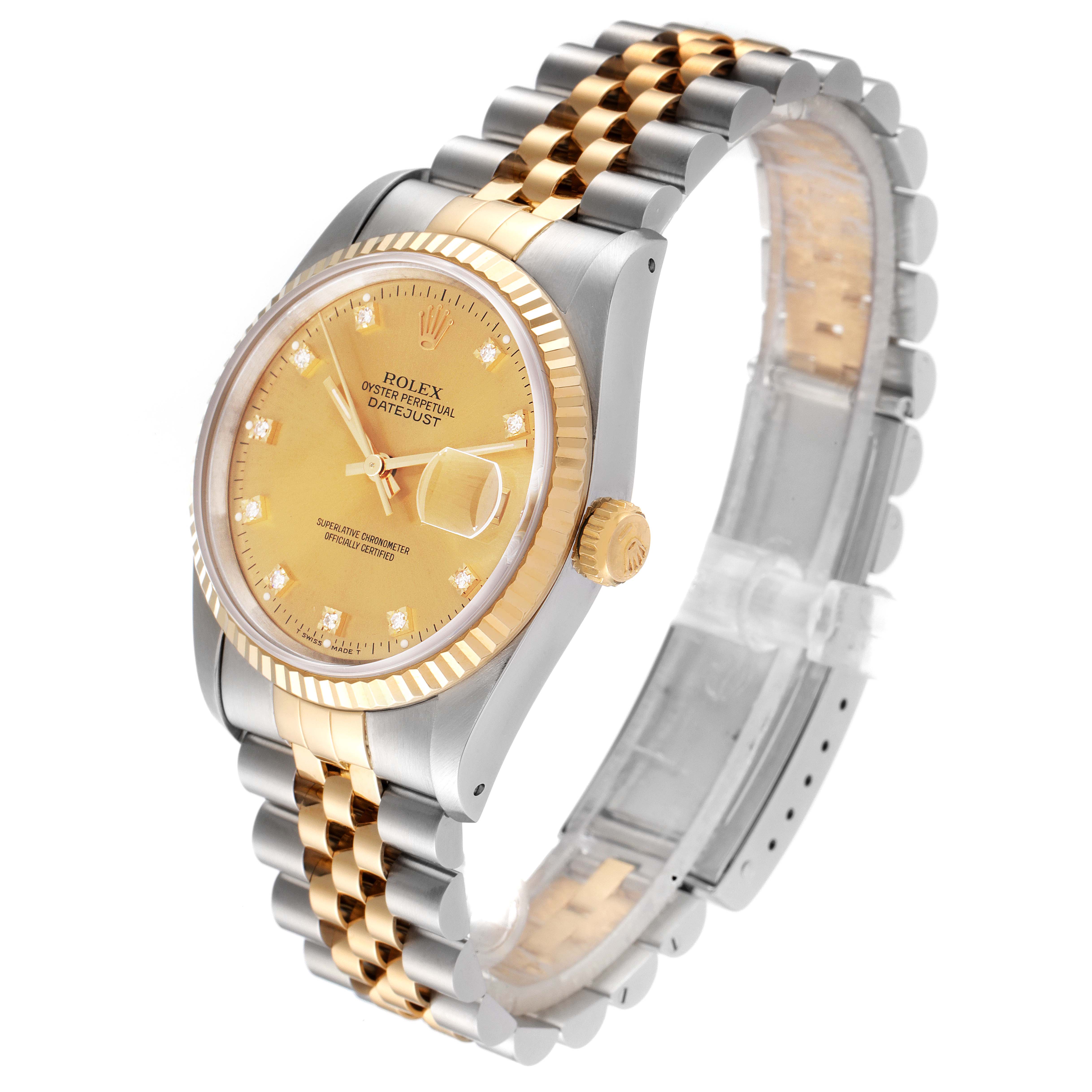The Rolex Datejust 16233 Men's Steel and Gold (two tone) Champagne Dial 16233 Men's Steel and Gold (two tone) Champagne Dial watch is shown at an angle that displays the face, bracelet, and side profile.