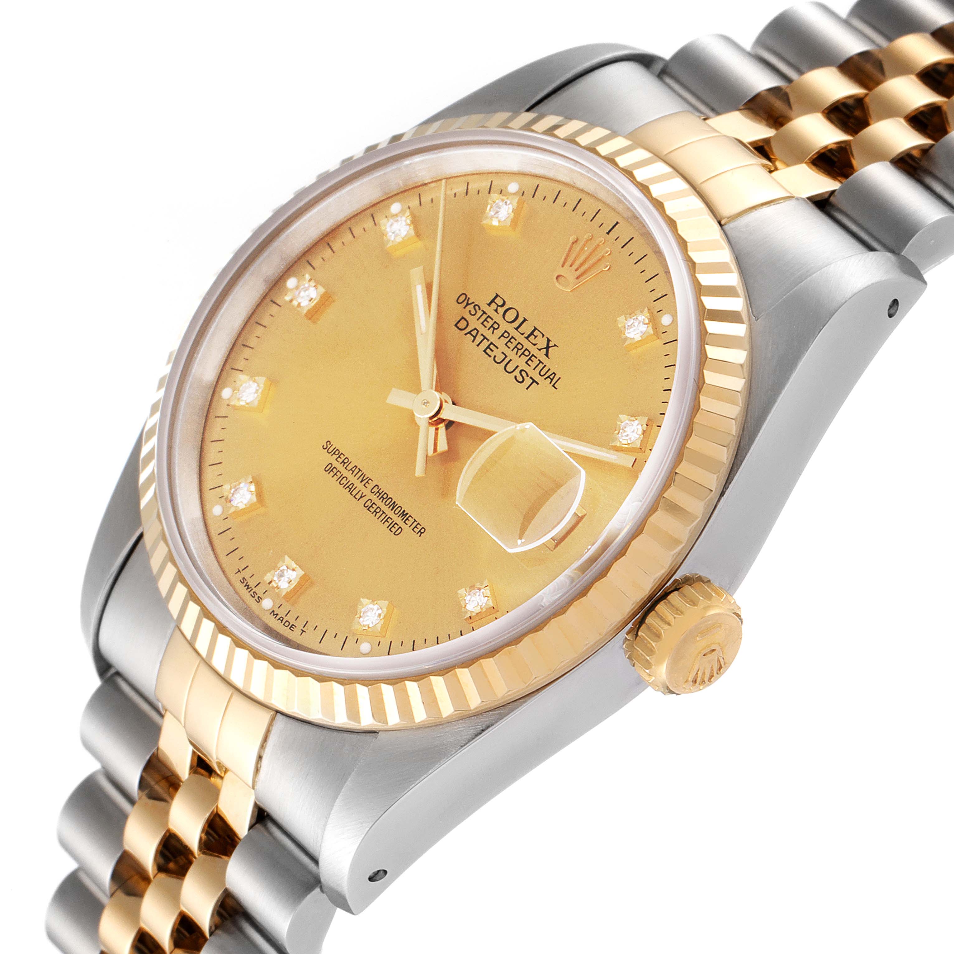 The image shows a close-up, angled view of a Rolex Datejust 16233 Men's Steel and Gold (two tone) Champagne Dial 16233 Men's Steel and Gold (two tone) Champagne Dial watch, highlighting the dial, bezel, crown, and part of the bracelet.