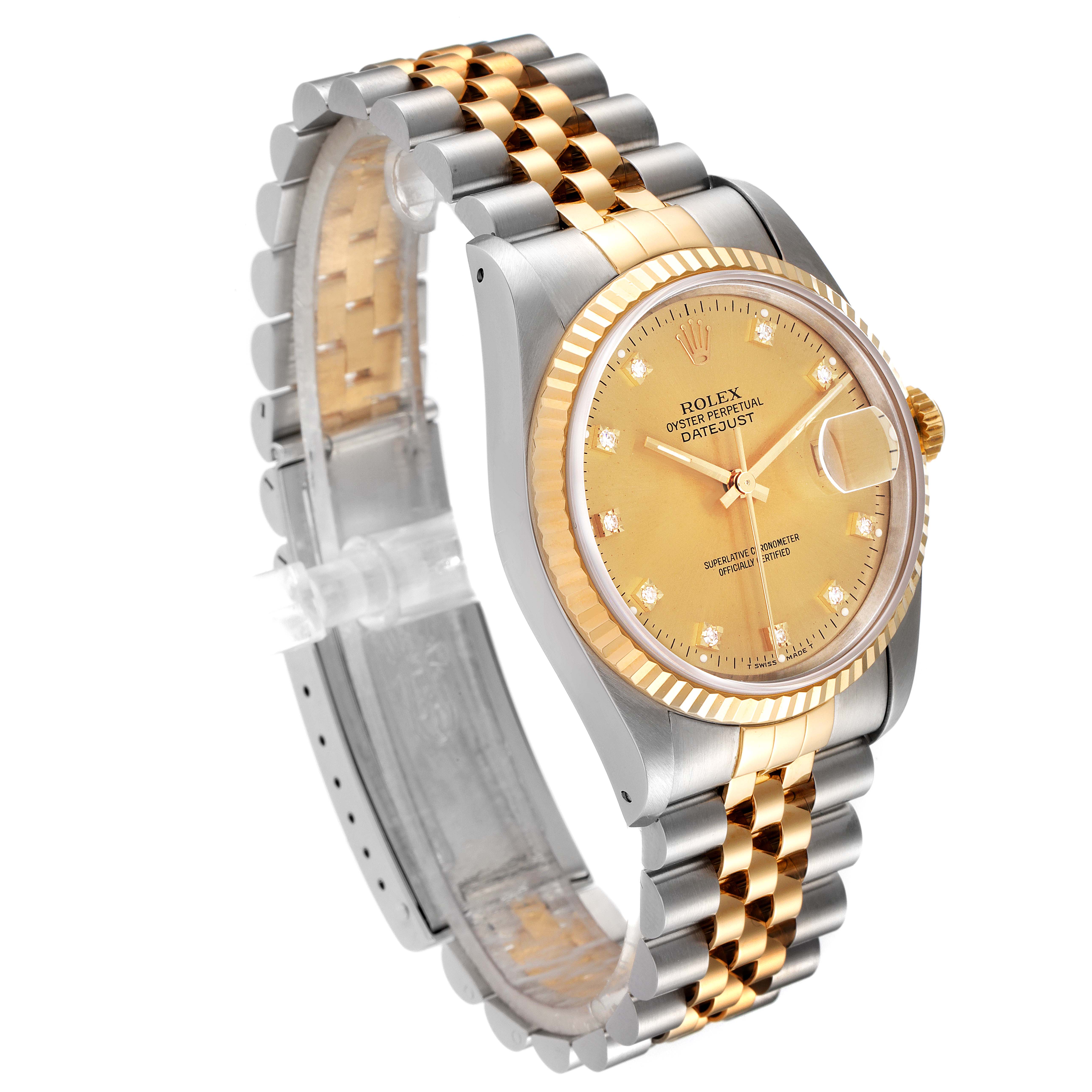 The image shows a Rolex Datejust 16233 Men's Steel and Gold (two tone) Champagne Dial 16233 Men's Steel and Gold (two tone) Champagne Dial watch at an oblique angle, displaying its gold-tone face, fluted bezel, and two-tone jubilee bracelet.