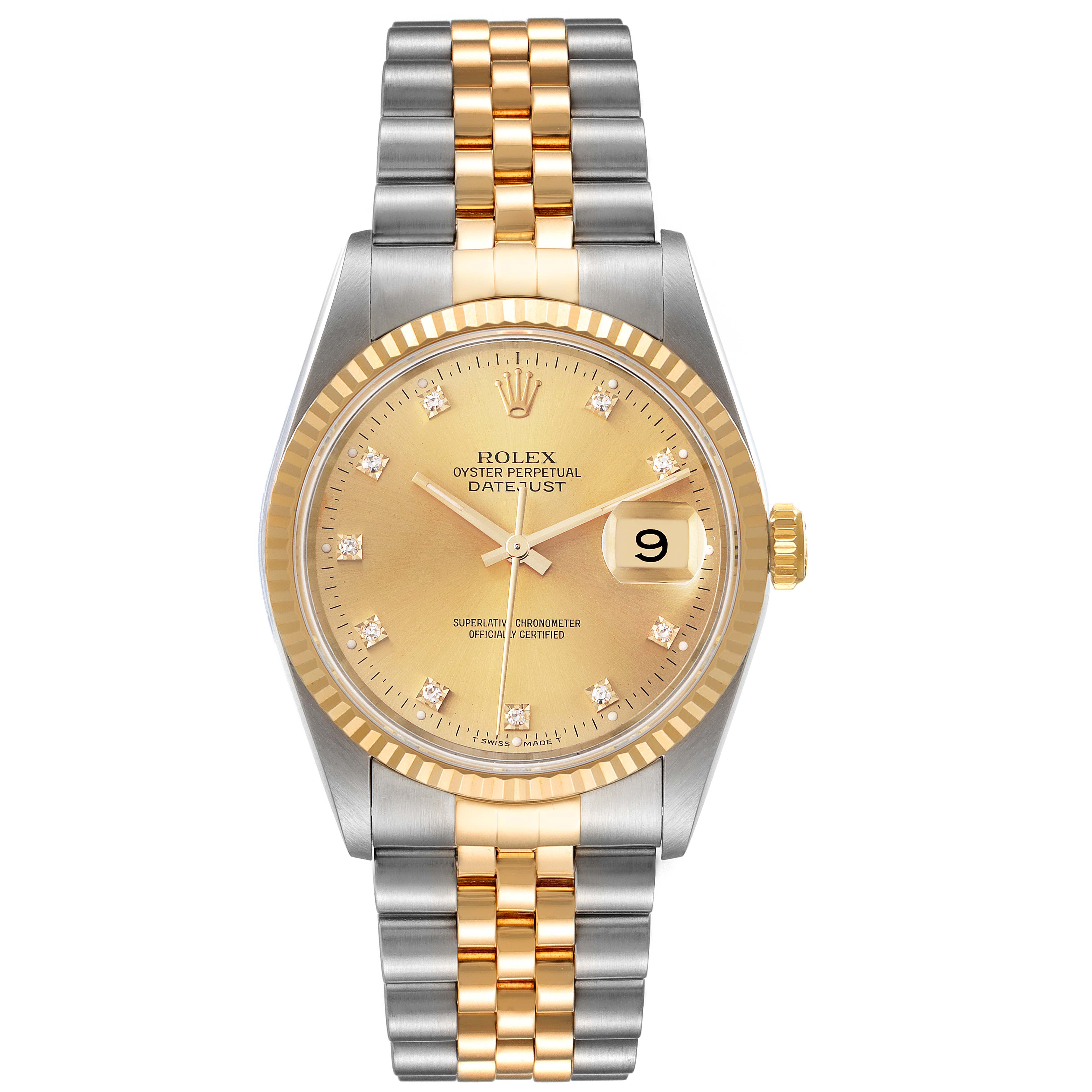 The image shows a frontal view of a Rolex Datejust 16233 Men's Steel and Gold (two tone) Champagne Dial 16233 Men's Steel and Gold (two tone) Champagne Dial watch, displaying its dial, bezel, and two-tone bracelet.