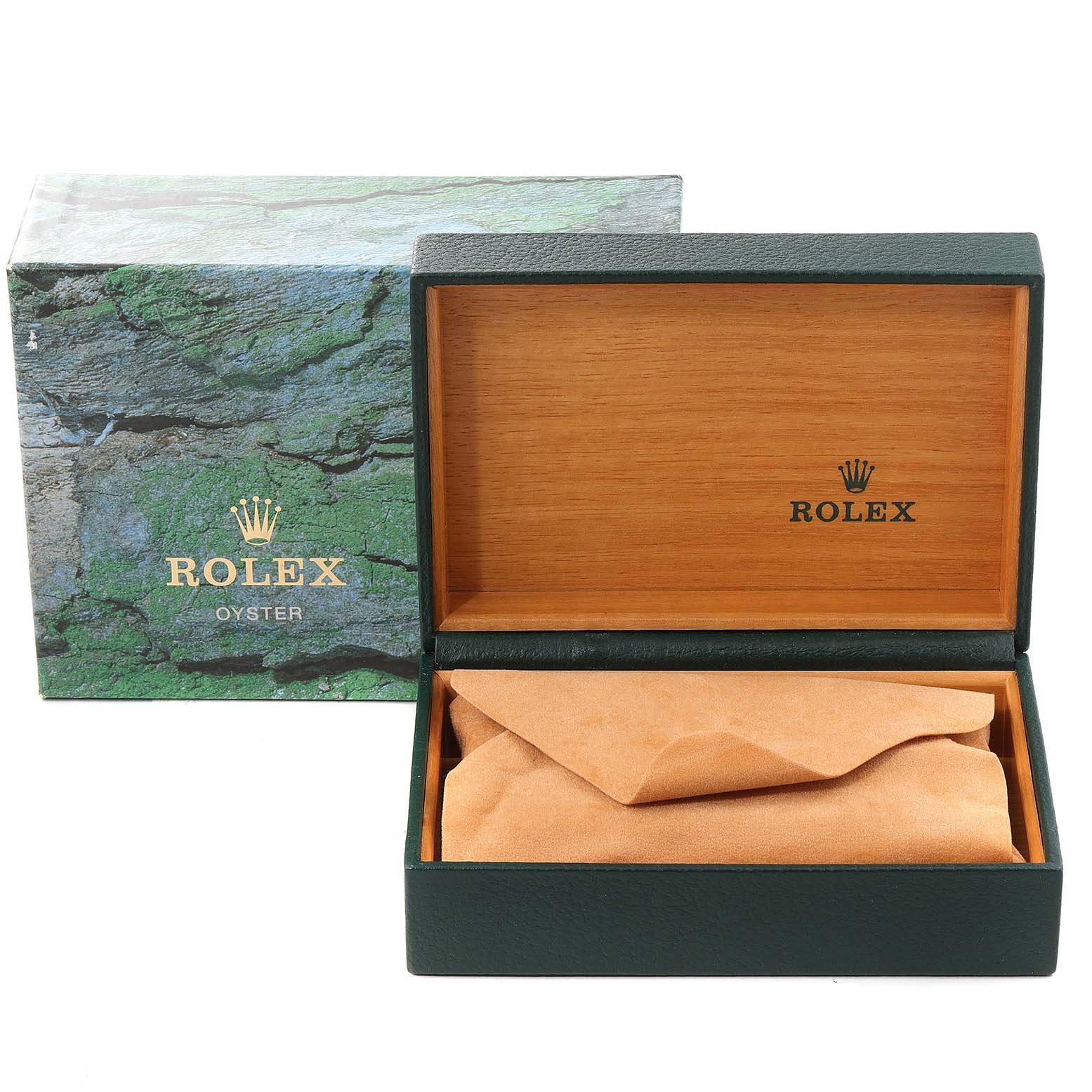 The image shows an open Rolex Datejust 16233 Men's Steel and Gold (two tone) Champagne Dial 16233 Men's Steel and Gold (two tone) Champagne Dial watch box with an exterior outer box in the background.