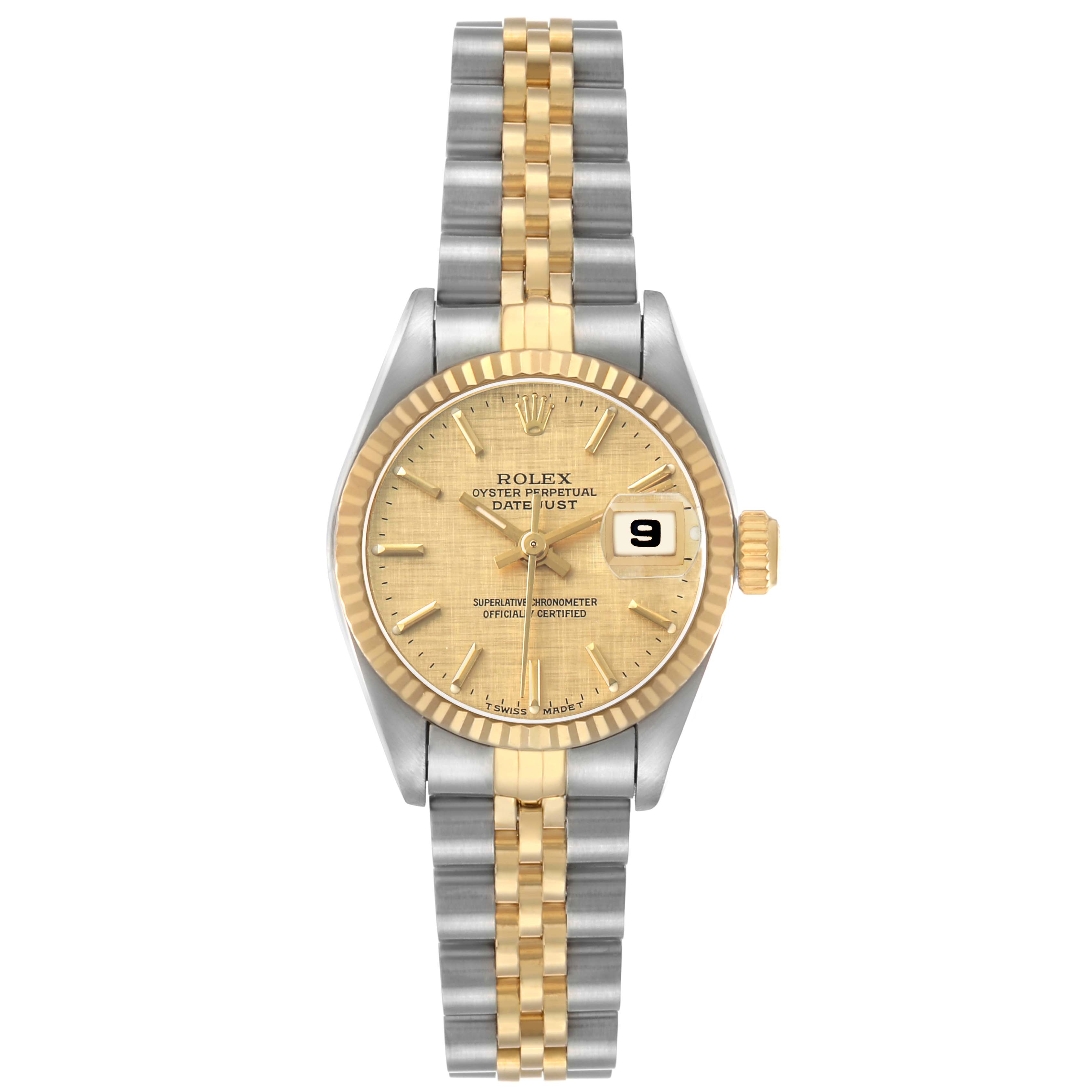 The Rolex Datejust 69173 Women's Steel and Gold (two tone) Champagne Dial watch is shown from the front, displaying the dial, bezel, case, crown, and bracelet.