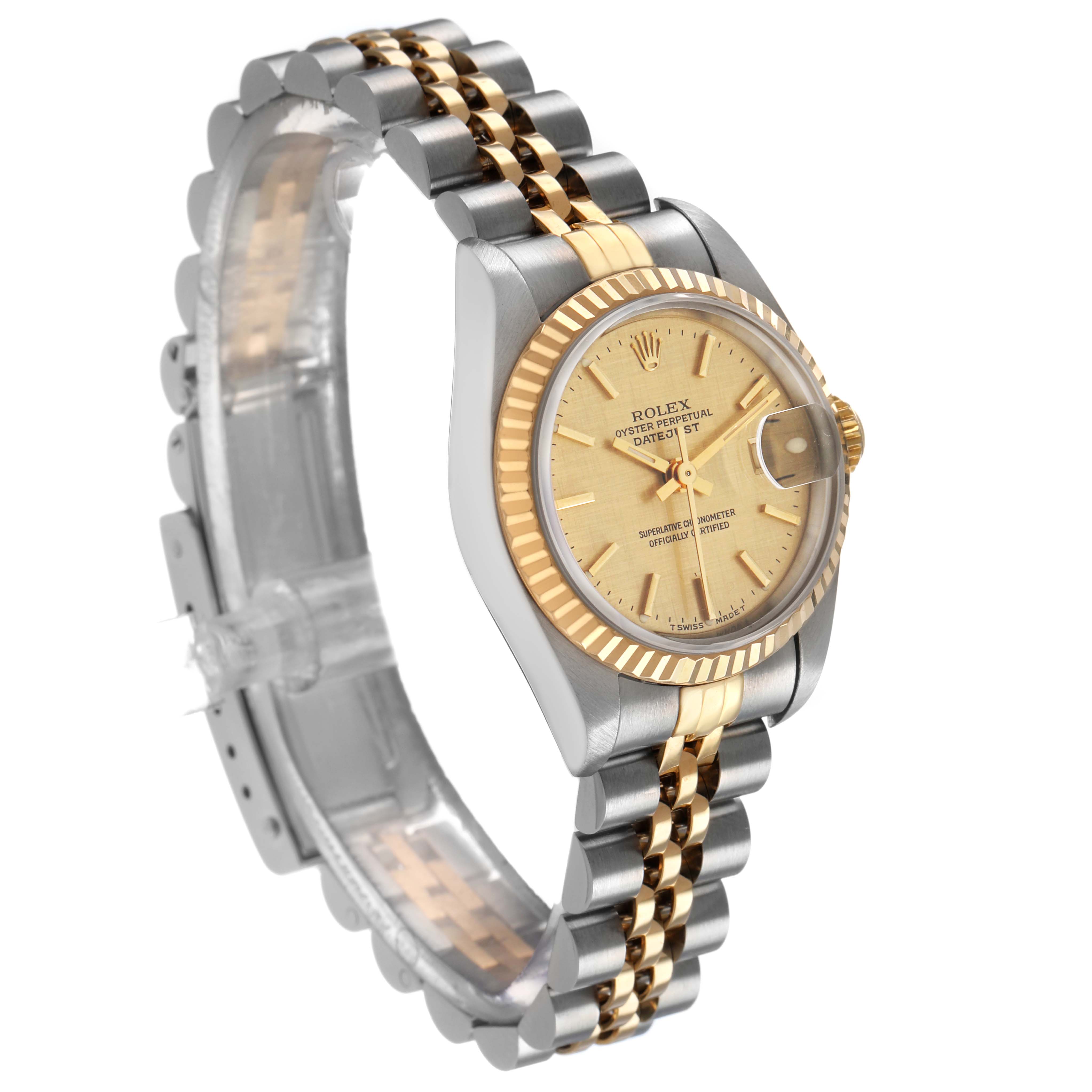 The Rolex Datejust 69173 Women's Steel and Gold (two tone) Champagne Dial watch is shown at a slight angle, highlighting the dial, fluted bezel, and two-tone Jubilee bracelet.