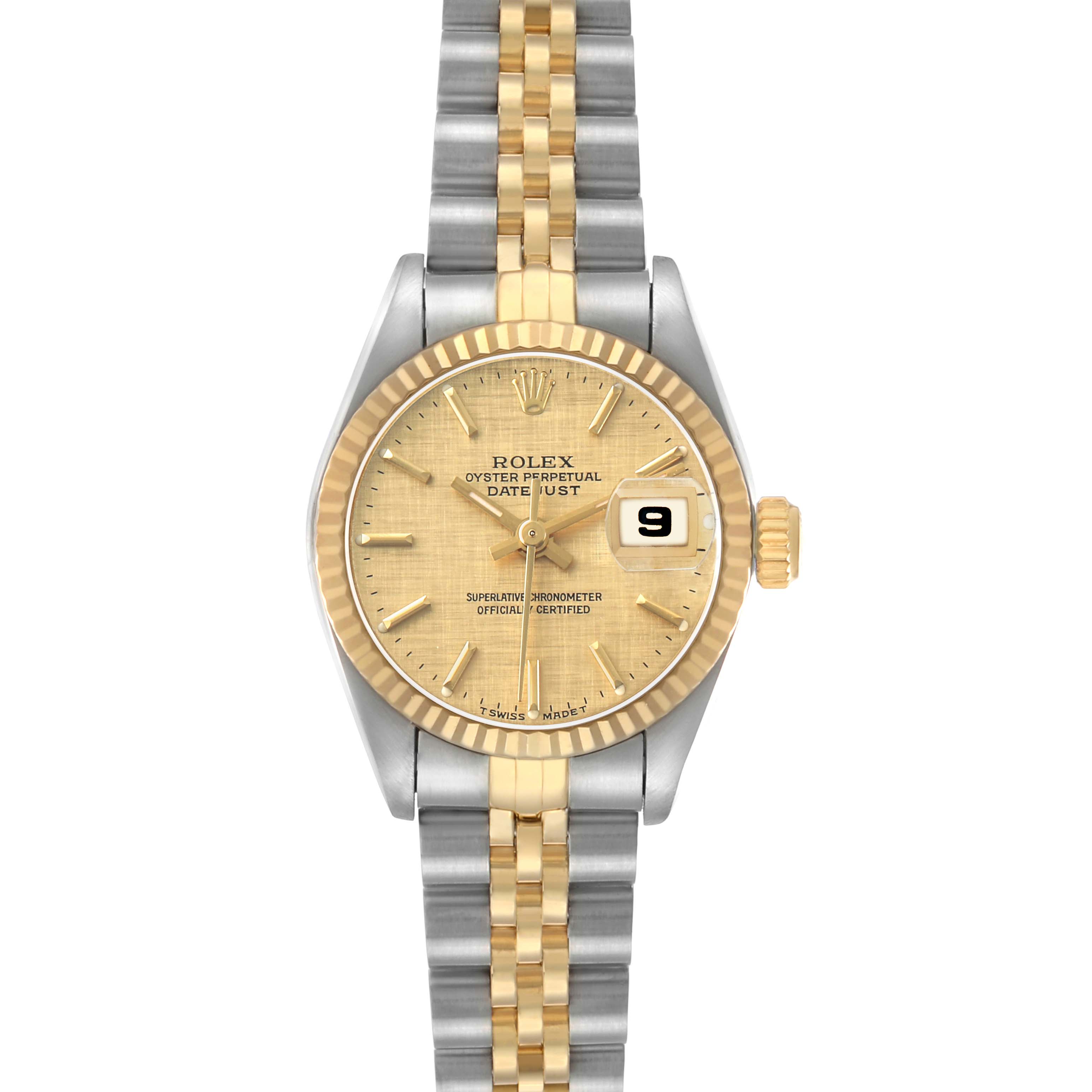 The Rolex Datejust 69173 Women's Steel and Gold (two tone) Champagne Dial watch is shown from a top-down angle, displaying the dial, fluted bezel, and Jubilee bracelet.