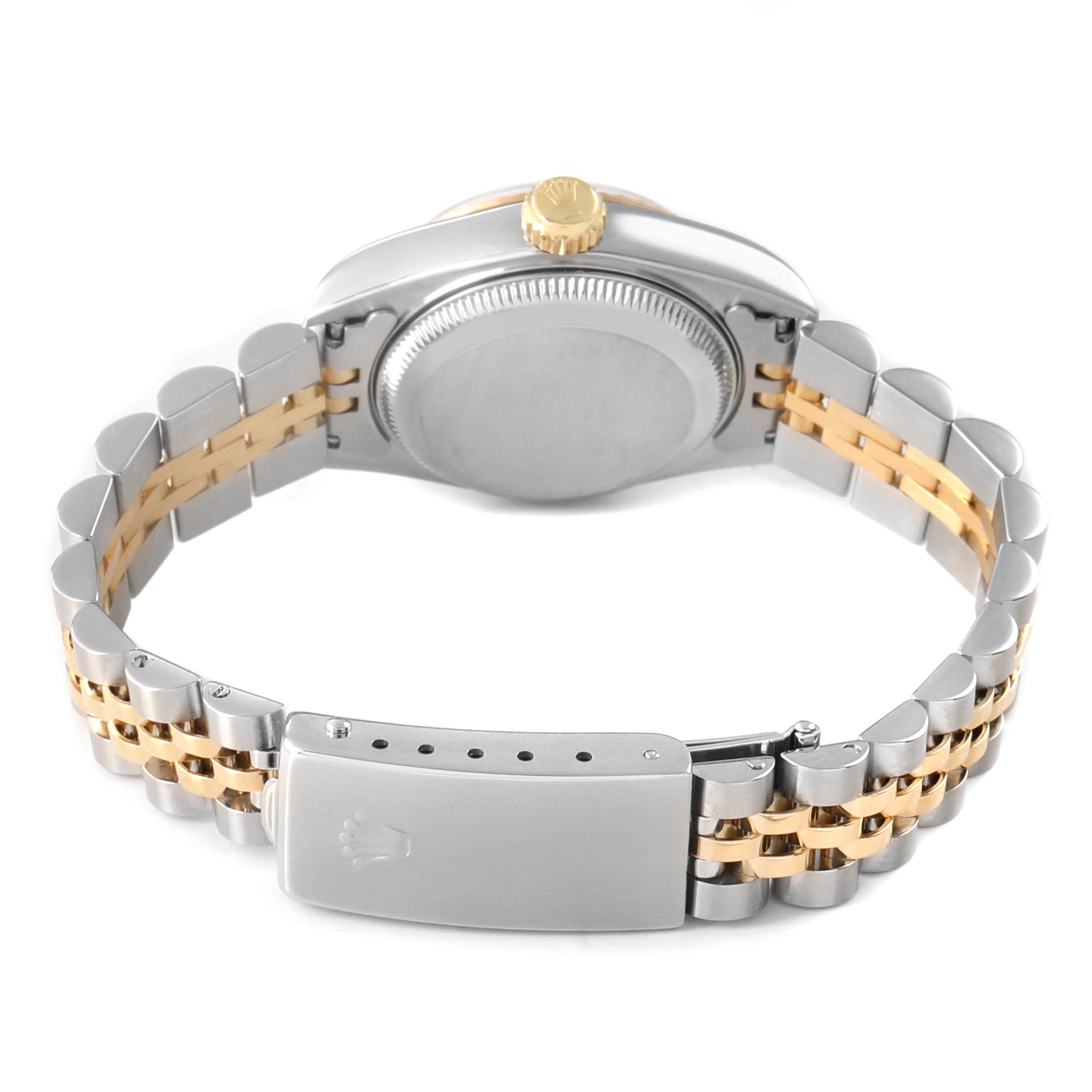 The image shows the back view of a Rolex Datejust 69173 Women's Steel and Gold (two tone) Champagne Dial watch, highlighting the clasp, bracelet, and case back.
