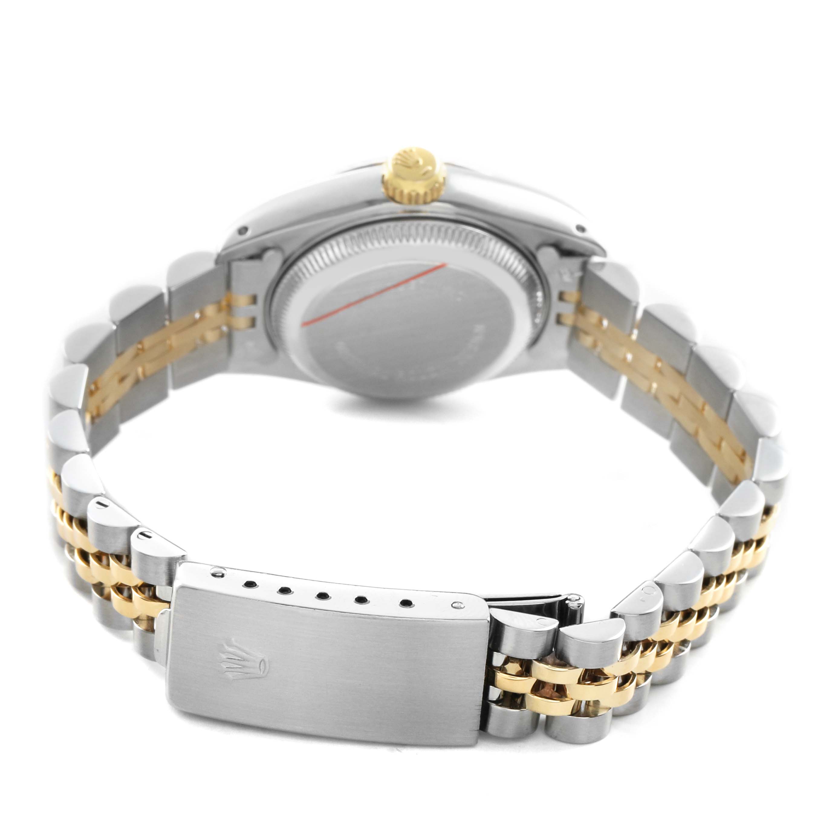 The image shows the backside of a Rolex Datejust 69173 Women's Steel and Gold (two tone) Champagne Dial, highlighting the bracelet, clasp, and case back.