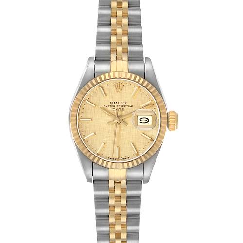 The Rolex Datejust 69173 Women's Steel and Gold (two tone) Champagne Dial watch is shown from a top view, highlighting its dial, bezel, and Jubilee bracelet.