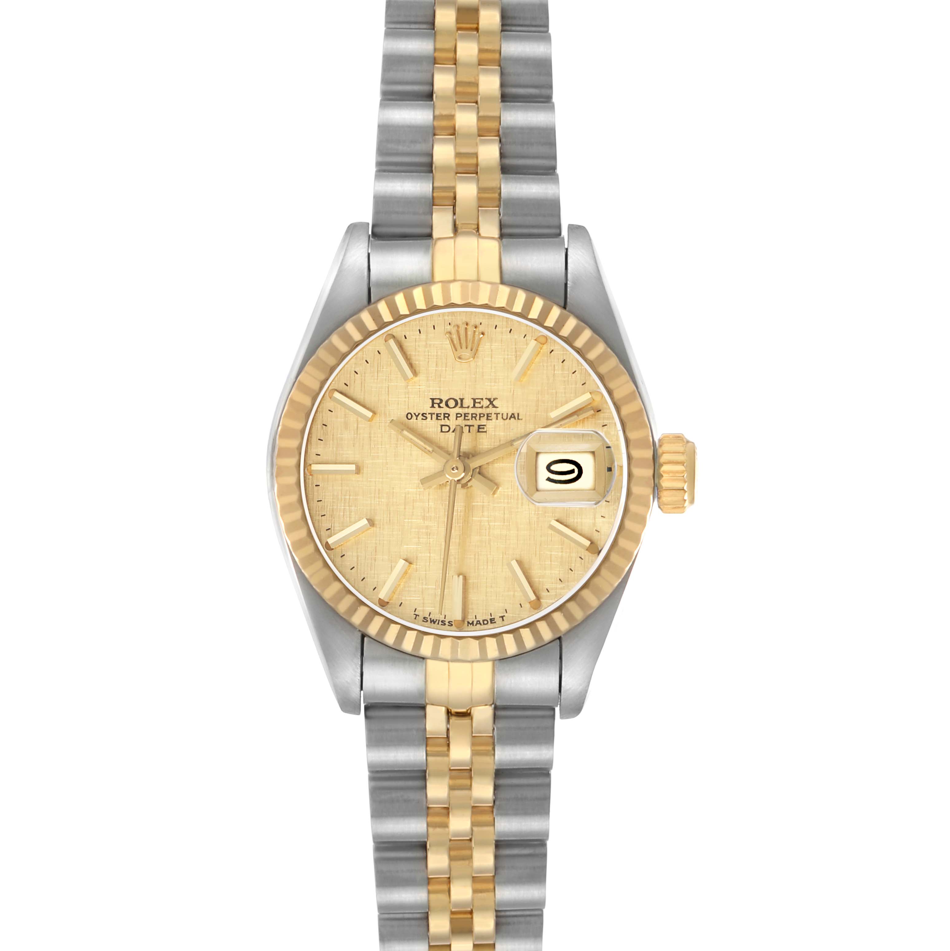 The Rolex Datejust 69173 Women's Steel and Gold (two tone) Champagne Dial watch is shown from a top-down angle, displaying the dial, hands, fluted bezel, and two-tone bracelet.