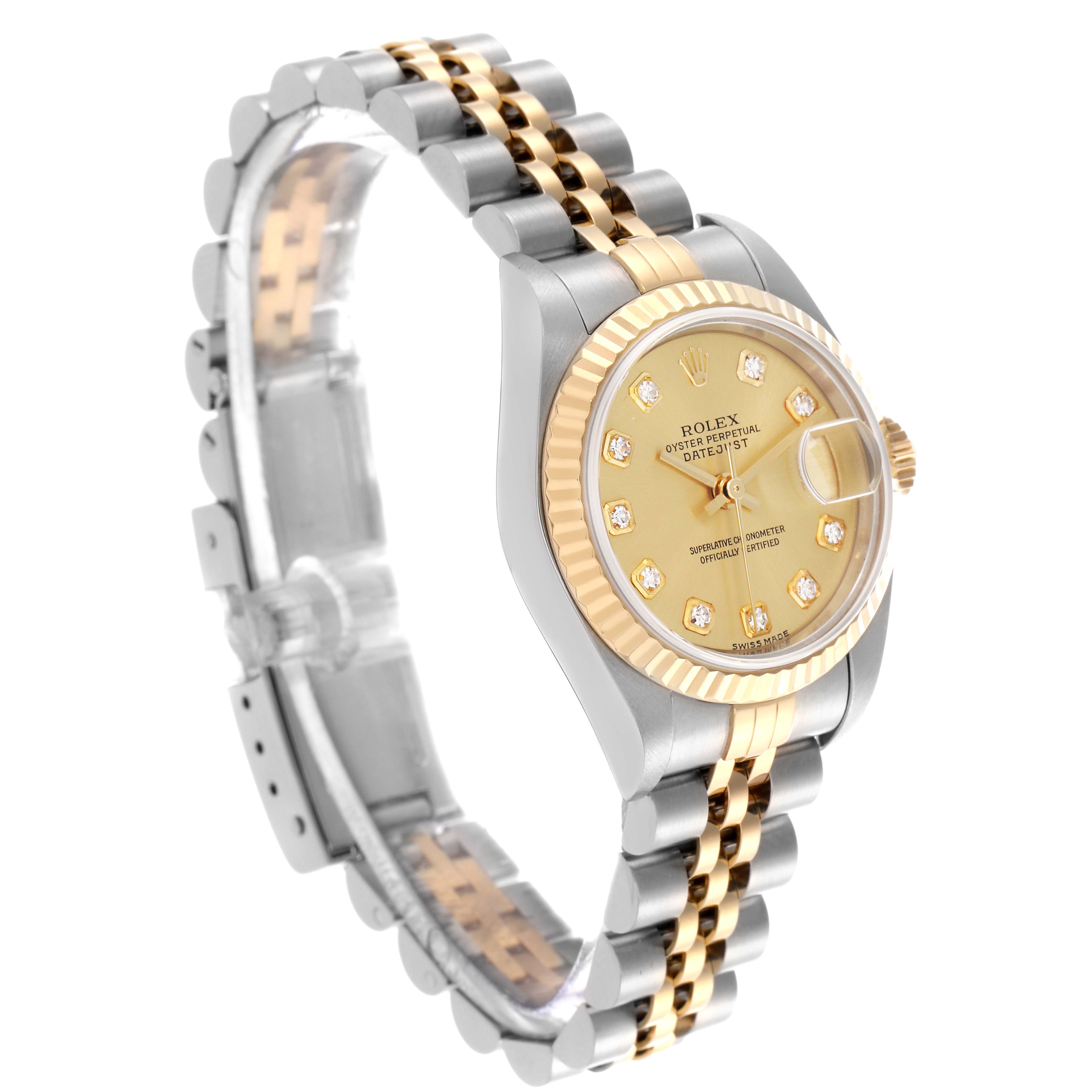 The Rolex Datejust 79173 Women's Steel and Gold (two tone) Champagne Dial 79173 Women's Steel and Gold (two tone) Champagne Dial watch is shown at a three-quarter angle, highlighting its gold and silver bracelet, fluted bezel, and champagne dial.