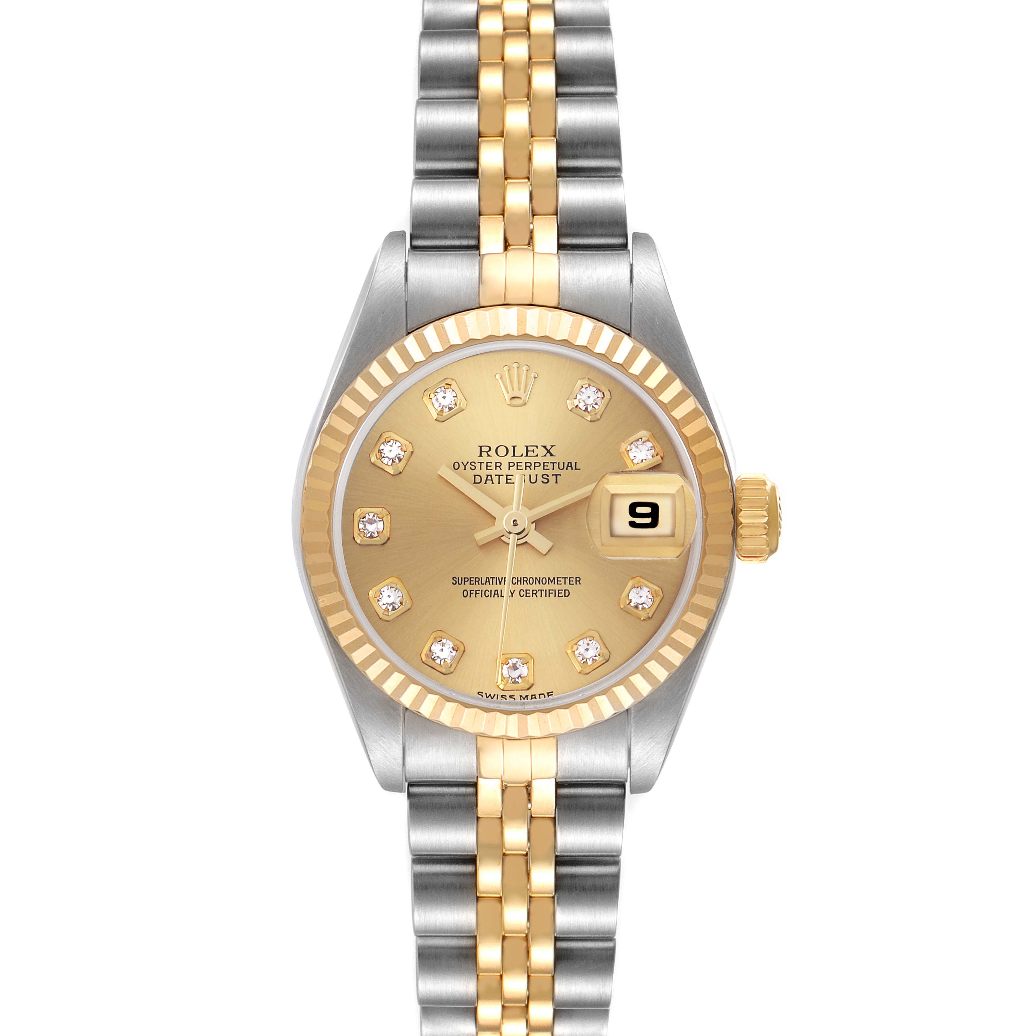 The Rolex Datejust 79173 Women's Steel and Gold (two tone) Champagne Dial 79173 Women's Steel and Gold (two tone) Champagne Dial watch is shown from a top-down angle, displaying the dial, bezel, and bracelet.